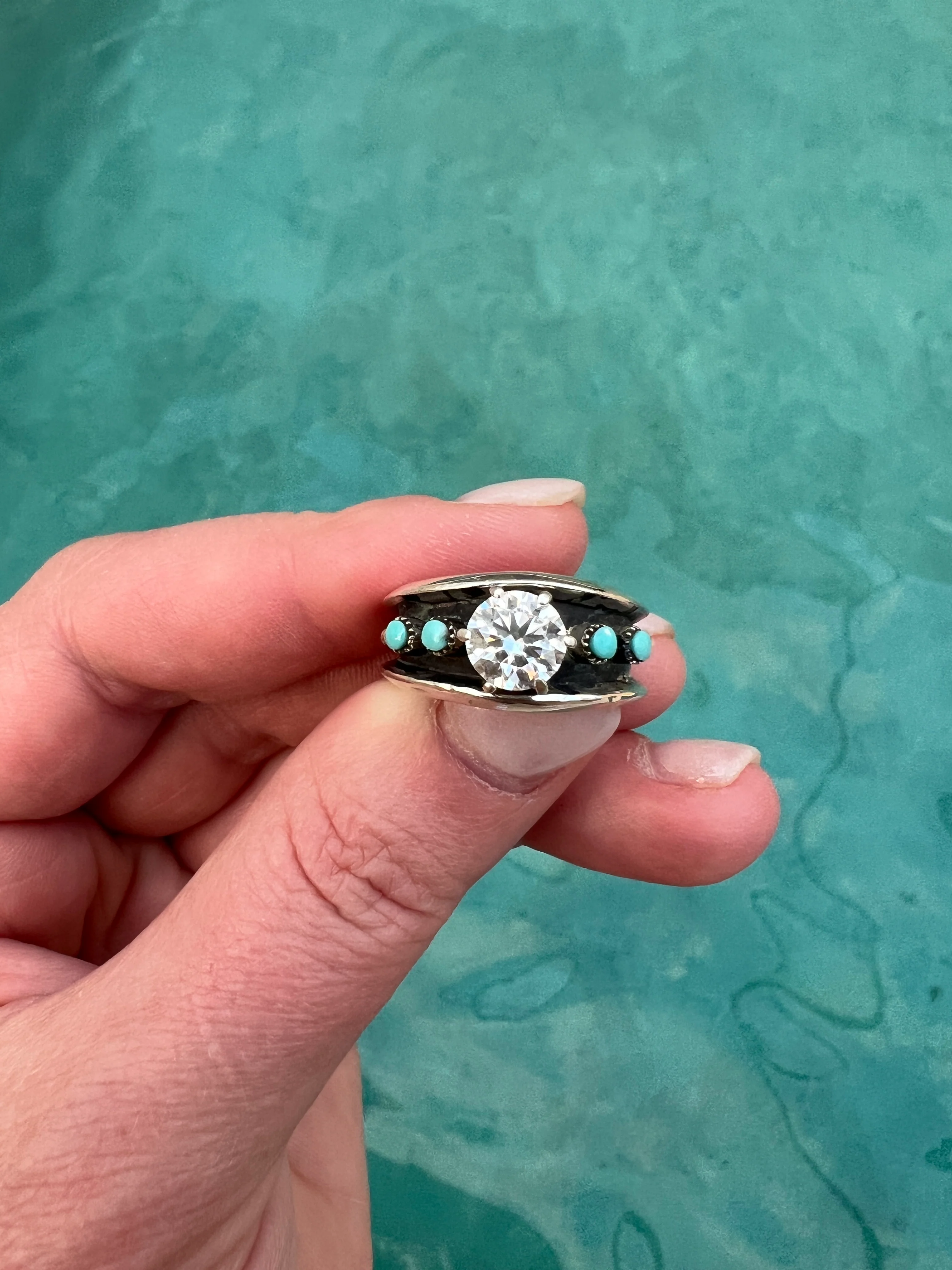 7mm Sparkling Mossanite and Turquoise Ring - Image 2