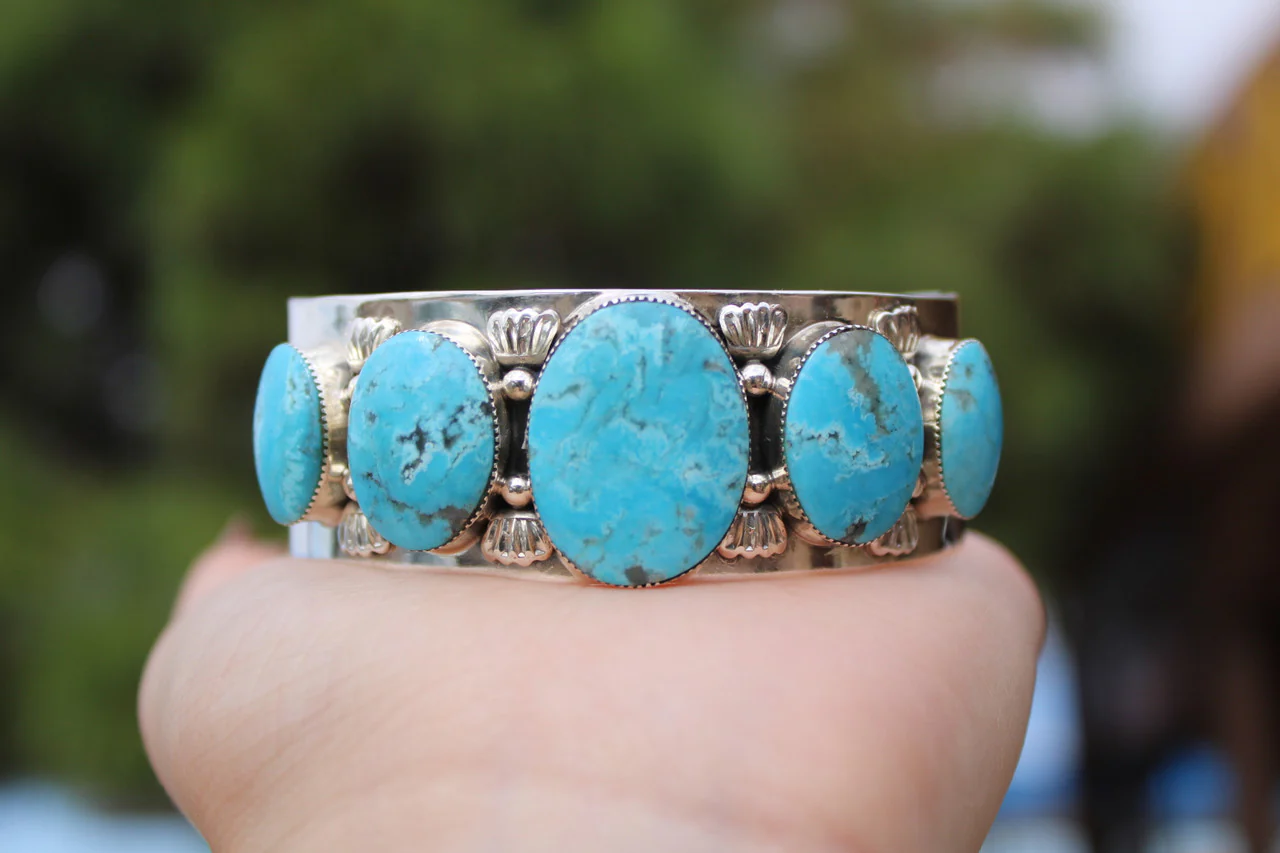 Chaco Canyon 5 Stone Kingman Turquoise Stamped Mens Cuff - Image 5