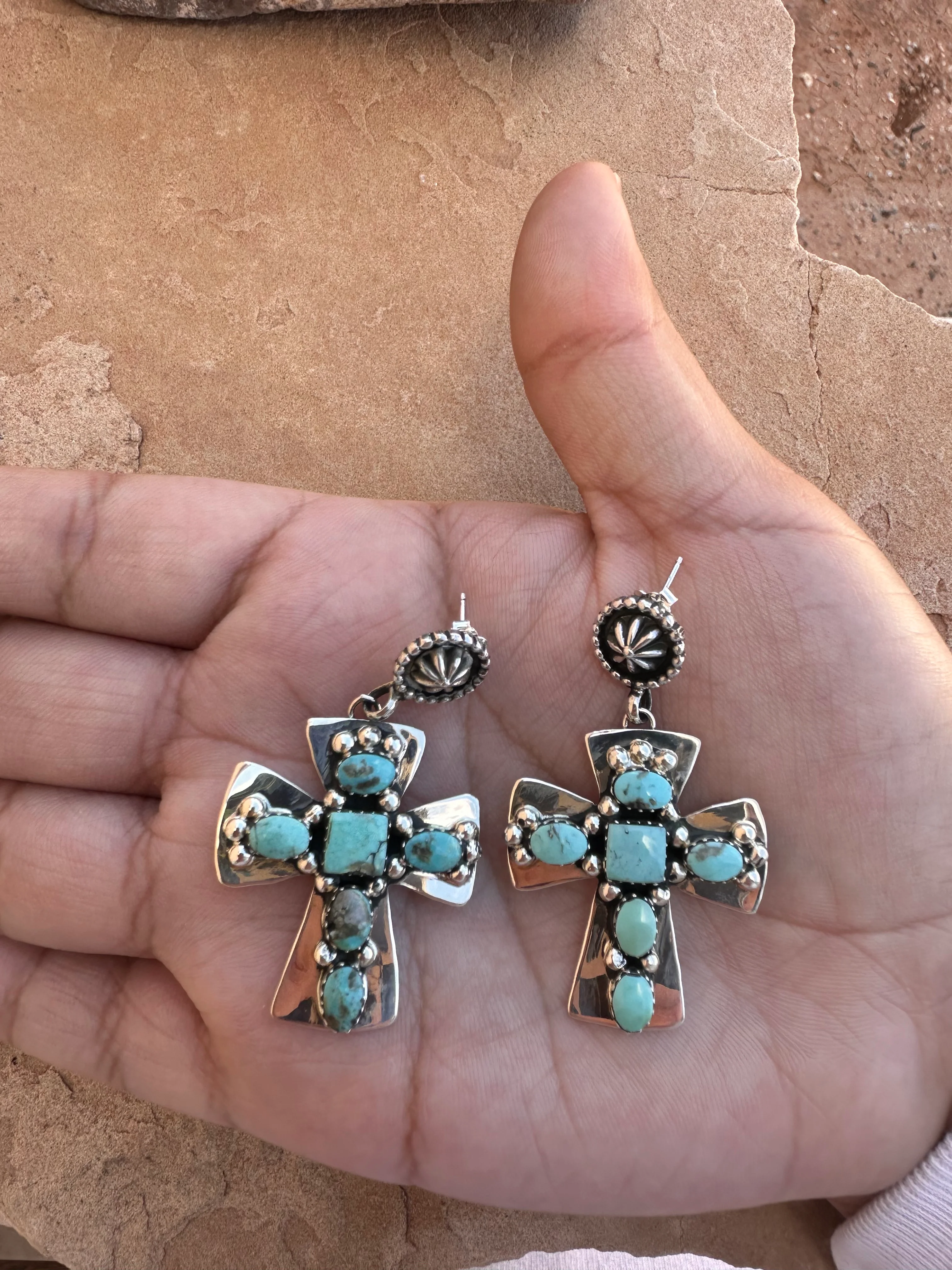 Chaco Canyon Kingman Turquoise Cross Earrings - Image 3