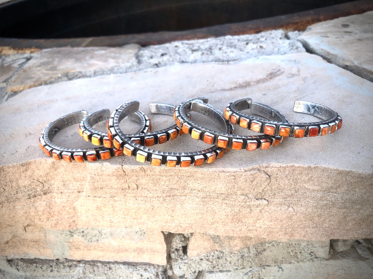 Chaco Canyon Red, Purple, Orange and Sleeping Beauty Turquoise 21 Row Cuff - Image 3
