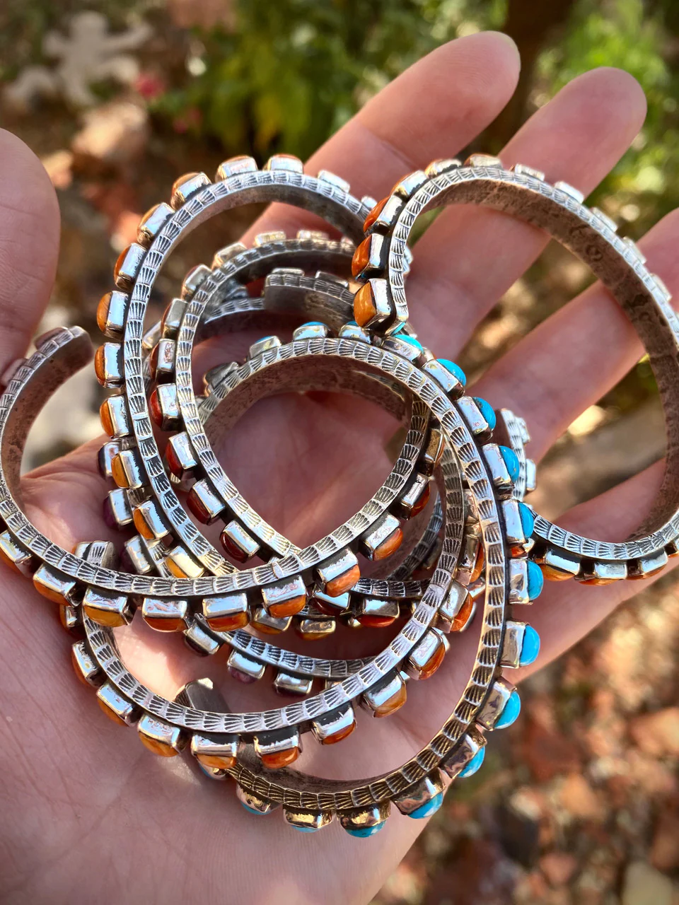 Chaco Canyon Red, Purple, Orange and Sleeping Beauty Turquoise 21 Row Cuff - Image 4