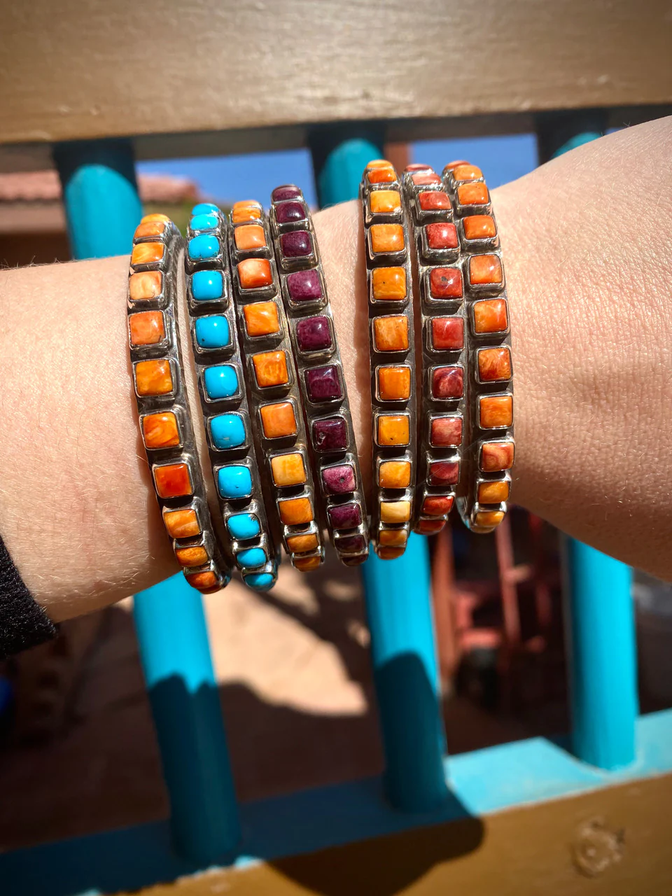 Chaco Canyon Red, Purple, Orange and Sleeping Beauty Turquoise 21 Row Cuff - Image 5