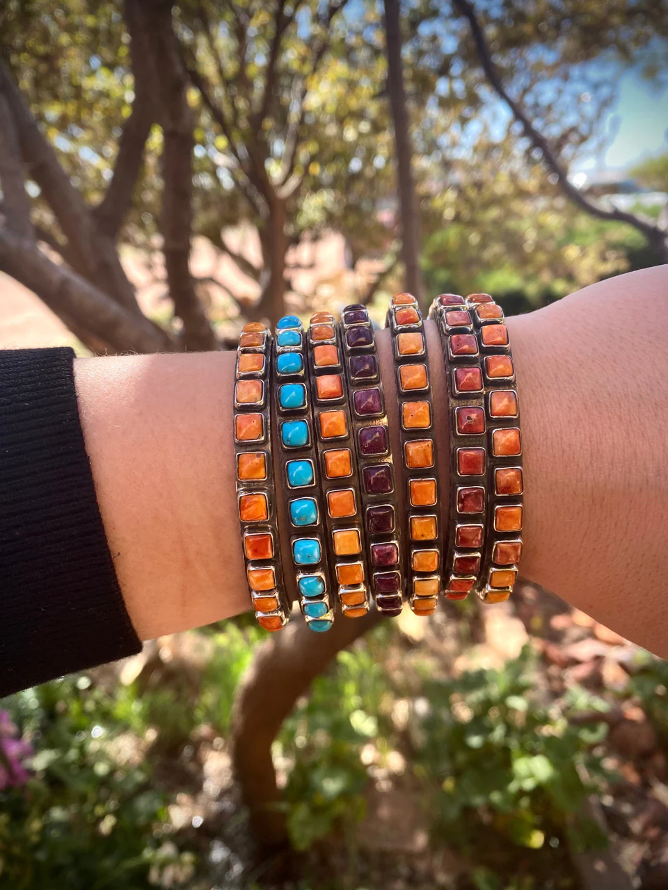 Chaco Canyon Red, Purple, Orange and Sleeping Beauty Turquoise 21 Row Cuff - Image 6