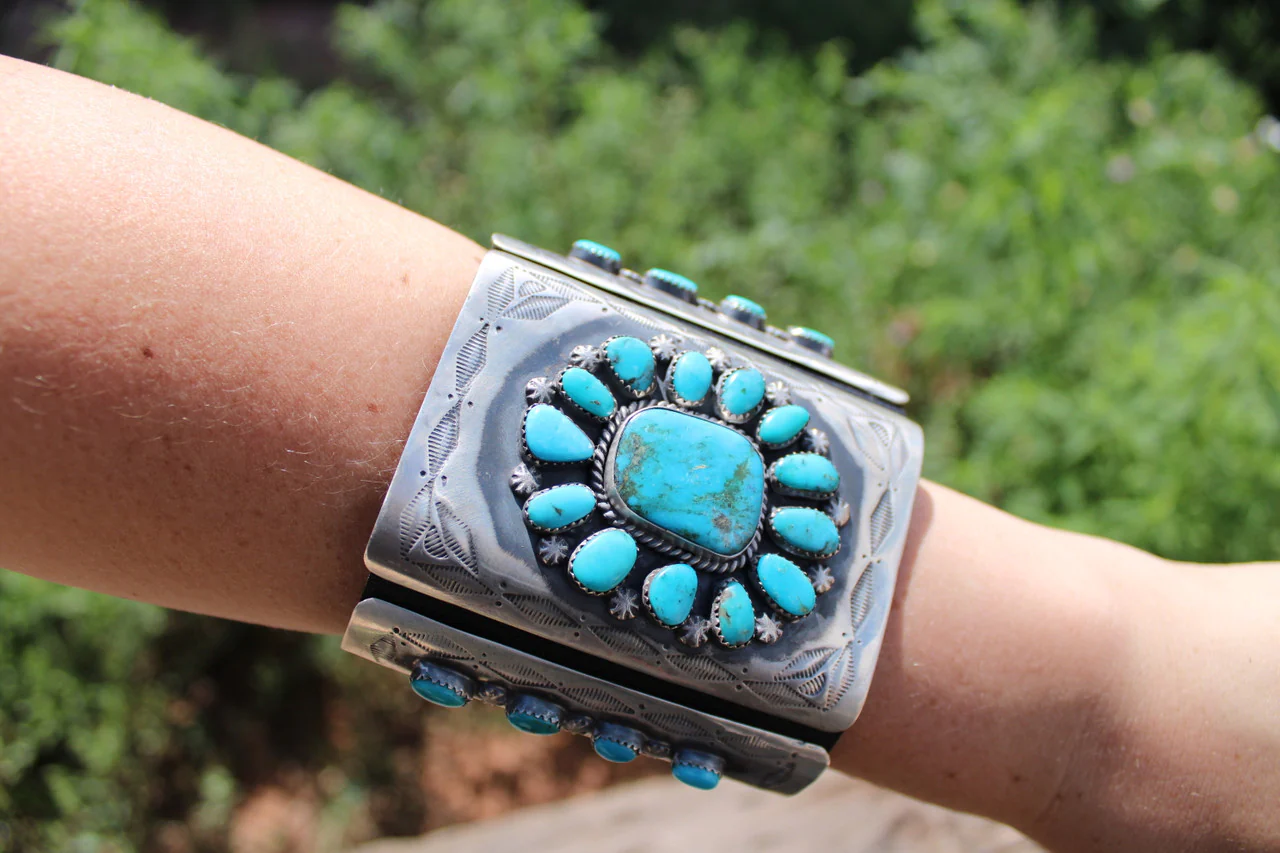 Chaco Canyon Sterling Silver-Black Leather Kingman Turquoise Bow Guards - Image 4