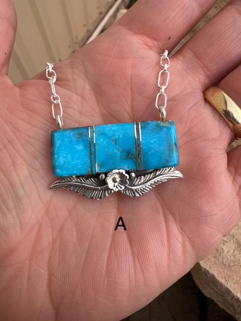 Chaco Canyon Sterling Silver Turquoise Slab Leaf Necklace - Image 4