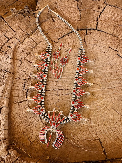 Coral Naja Squash Blossom Necklace and Earrings Set