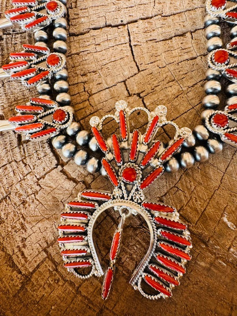Coral Naja Squash Blossom Necklace and Earrings Set - Image 3