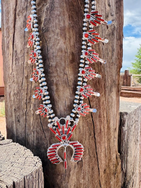 Coral Naja Squash Blossom Necklace and Earrings Set - Image 4