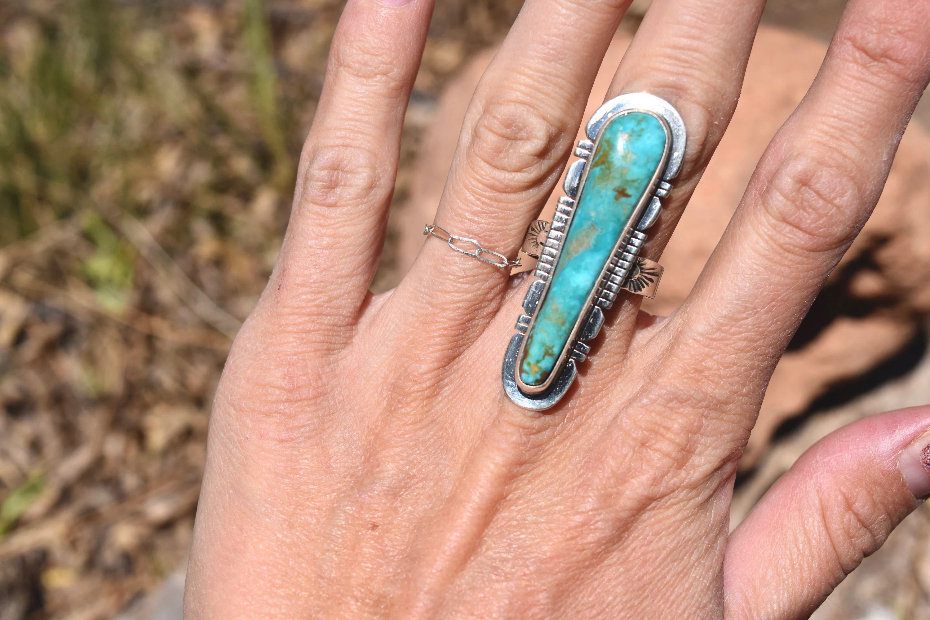 ELONGATED PILOT MOUNTAIN TURQUOISE RING FROM THE RODGERS COLLECTION - Image 2