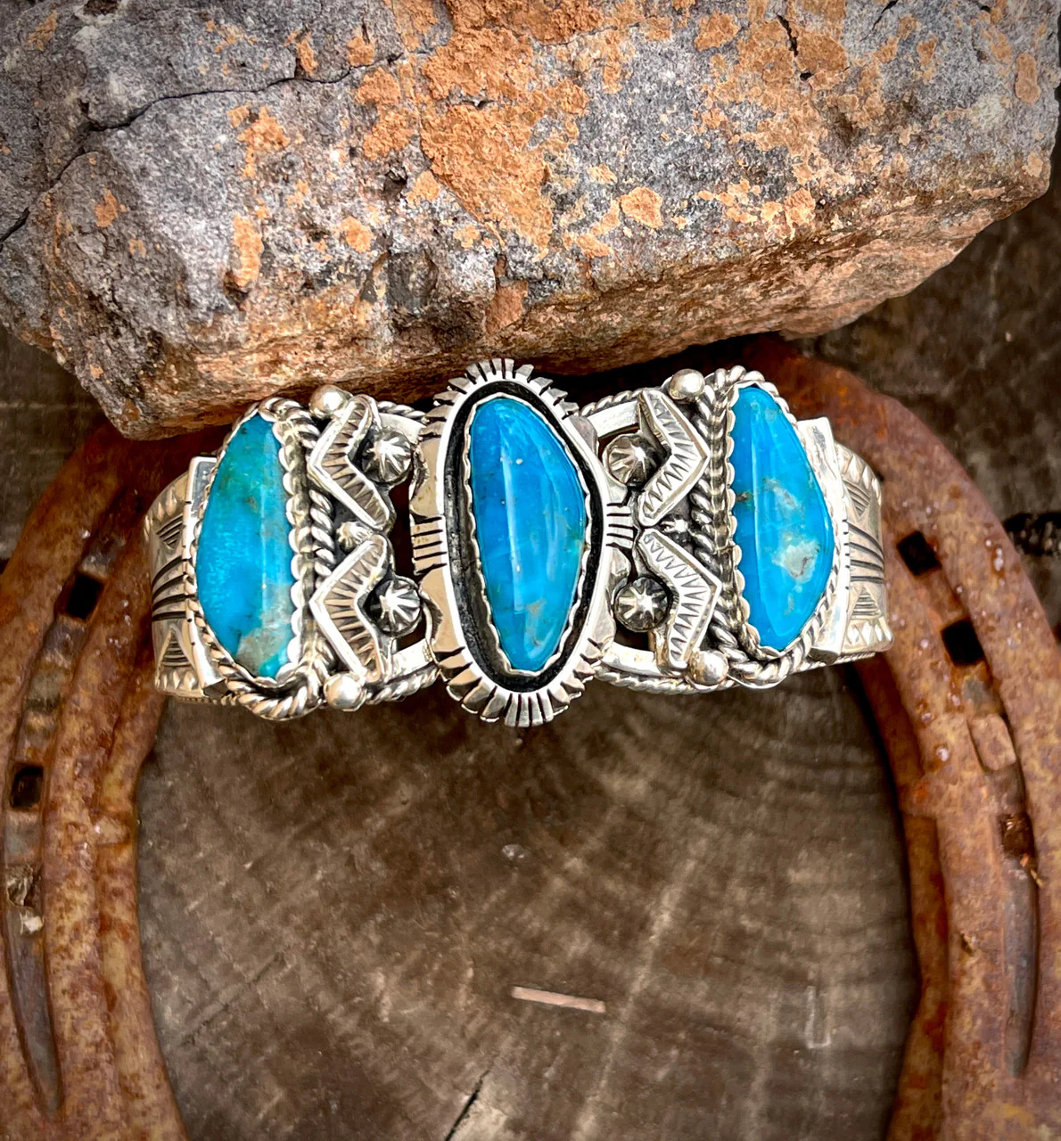 Emerson Delgarito Heavy Stamped Cuff Featuring Kingman Turquoise - Image 3
