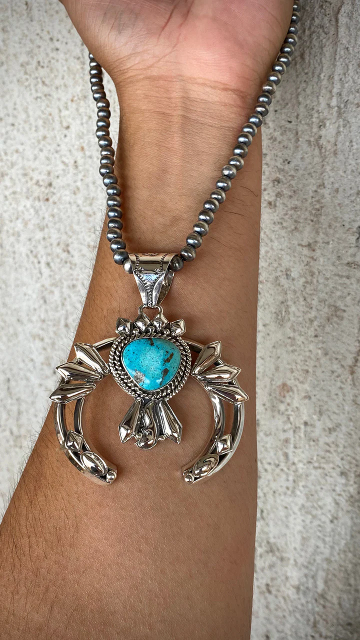 Hand Stamped Diamond Nevada Turquoise Pendant Navajo Artist Emerson Delgarito - Image 3