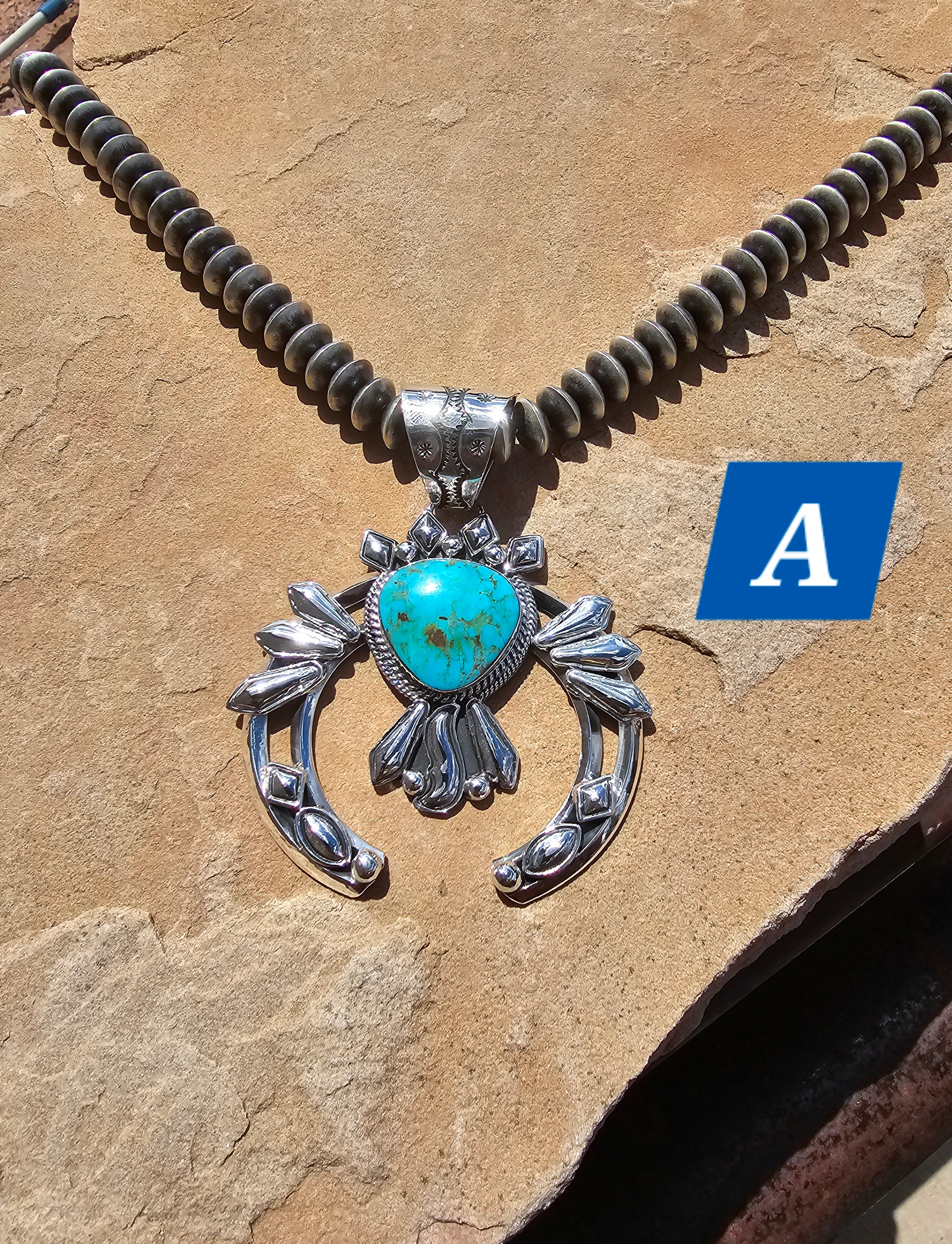 Hand Stamped Diamond Nevada Turquoise Pendant Navajo Artist Emerson Delgarito - Image 4
