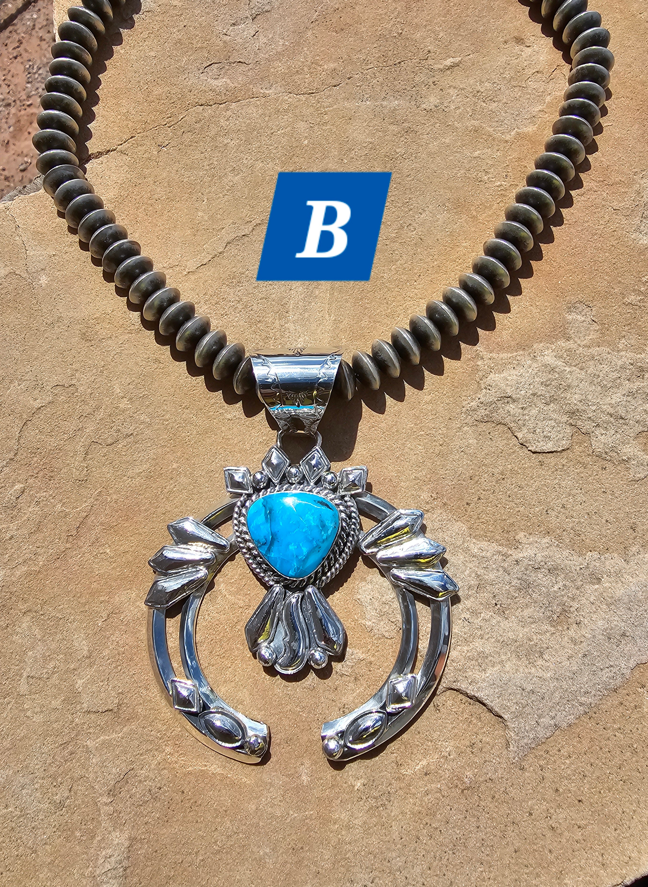 Hand Stamped Diamond Nevada Turquoise Pendant Navajo Artist Emerson Delgarito - Image 5