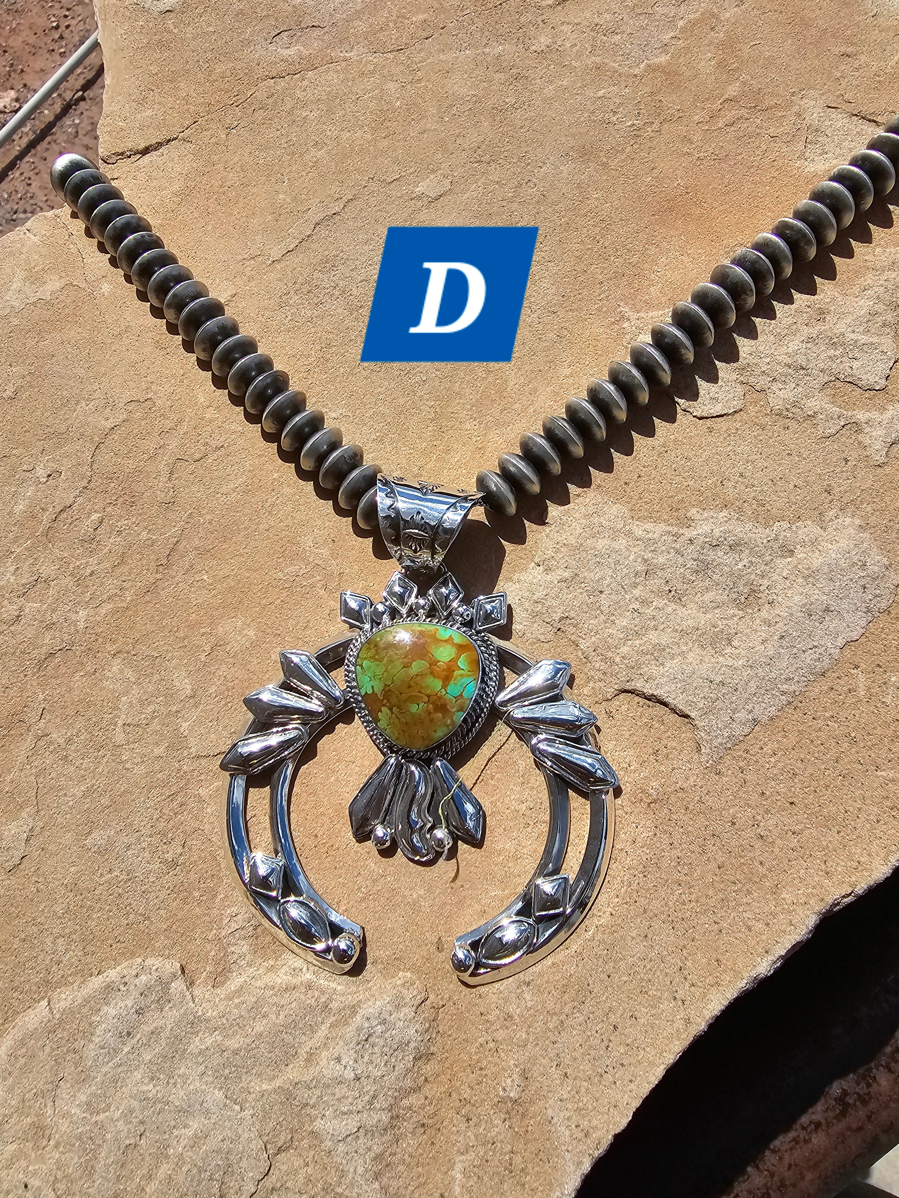 Hand Stamped Diamond Nevada Turquoise Pendant Navajo Artist Emerson Delgarito - Image 7