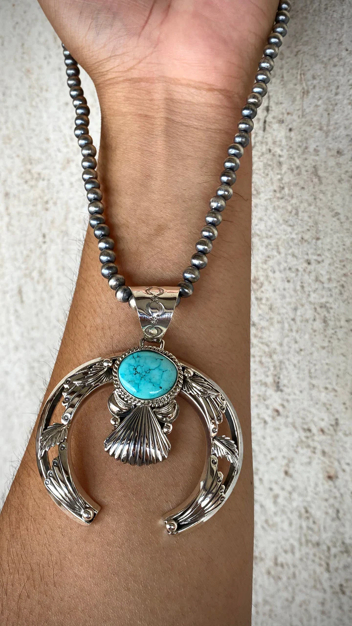 Hand Stamped Fan Nevada Turquoise Pendant Navajo Artist Emerson Delgarito - Image 3