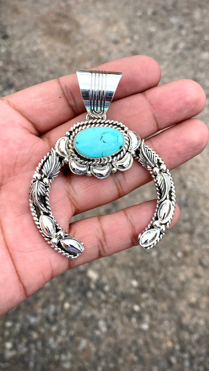 Hand Stamped Silver Nevada Turquoise Pendant Navajo Artist Emerson Delgarito - Image 2