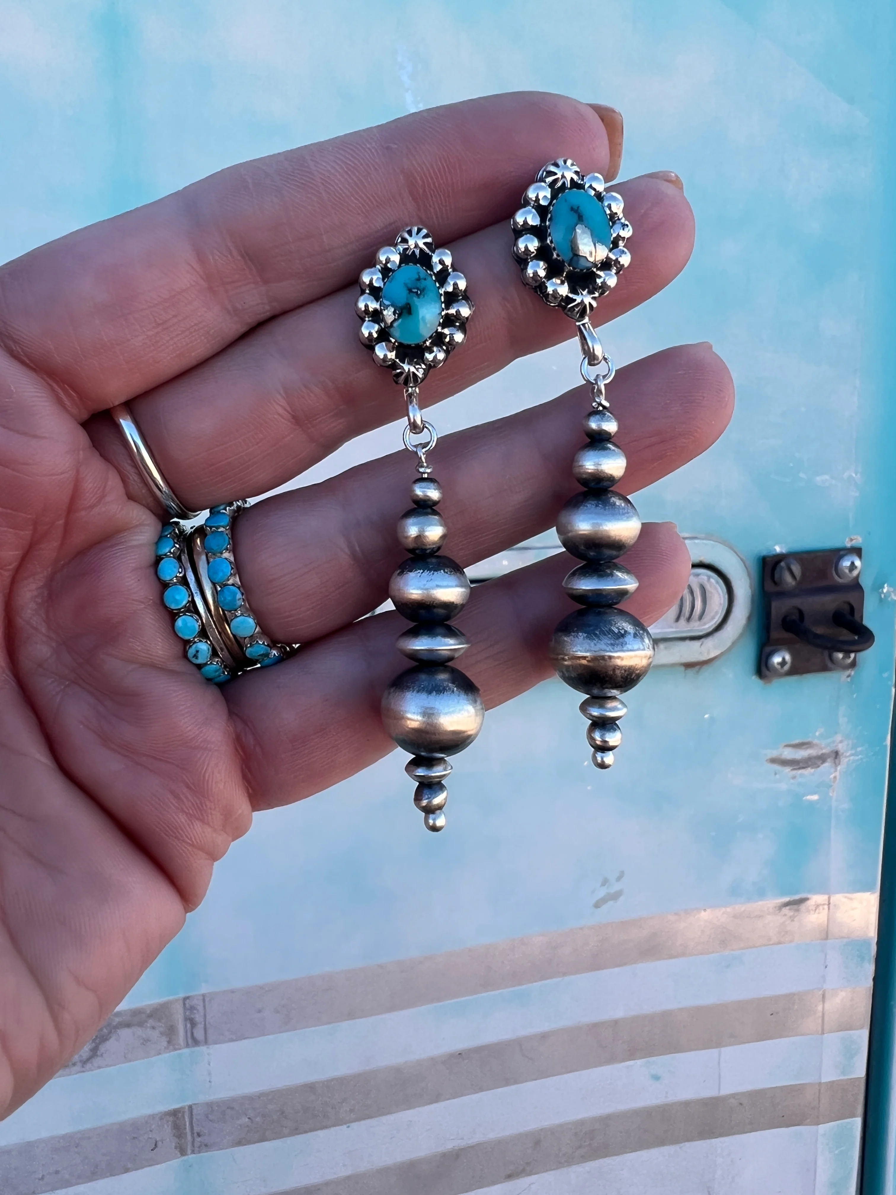 Handmade Navajo Pearl Drop Earrings w/ Turquoise - Image 10