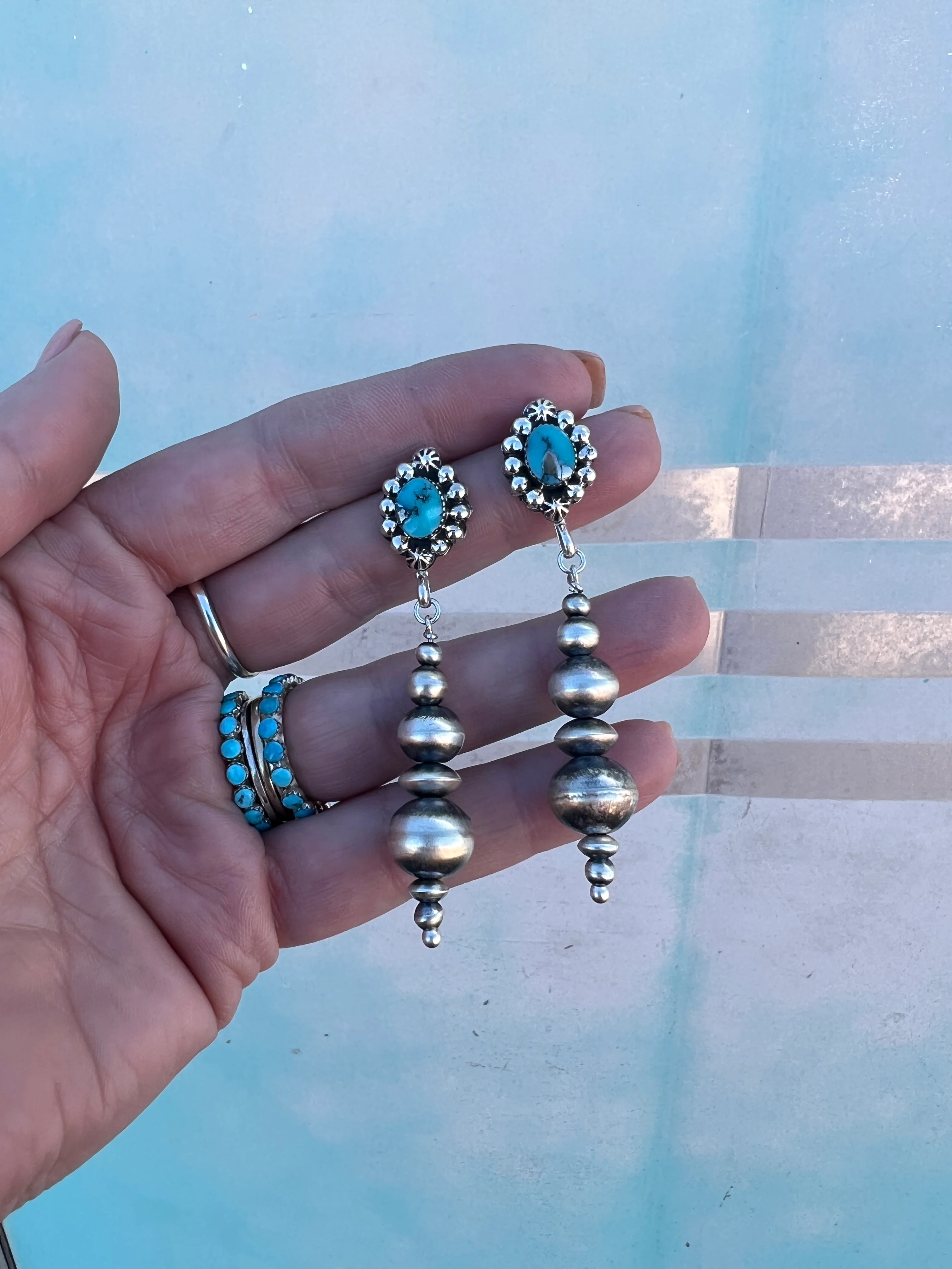 Handmade Navajo Pearl Drop Earrings w/ Turquoise - Image 11
