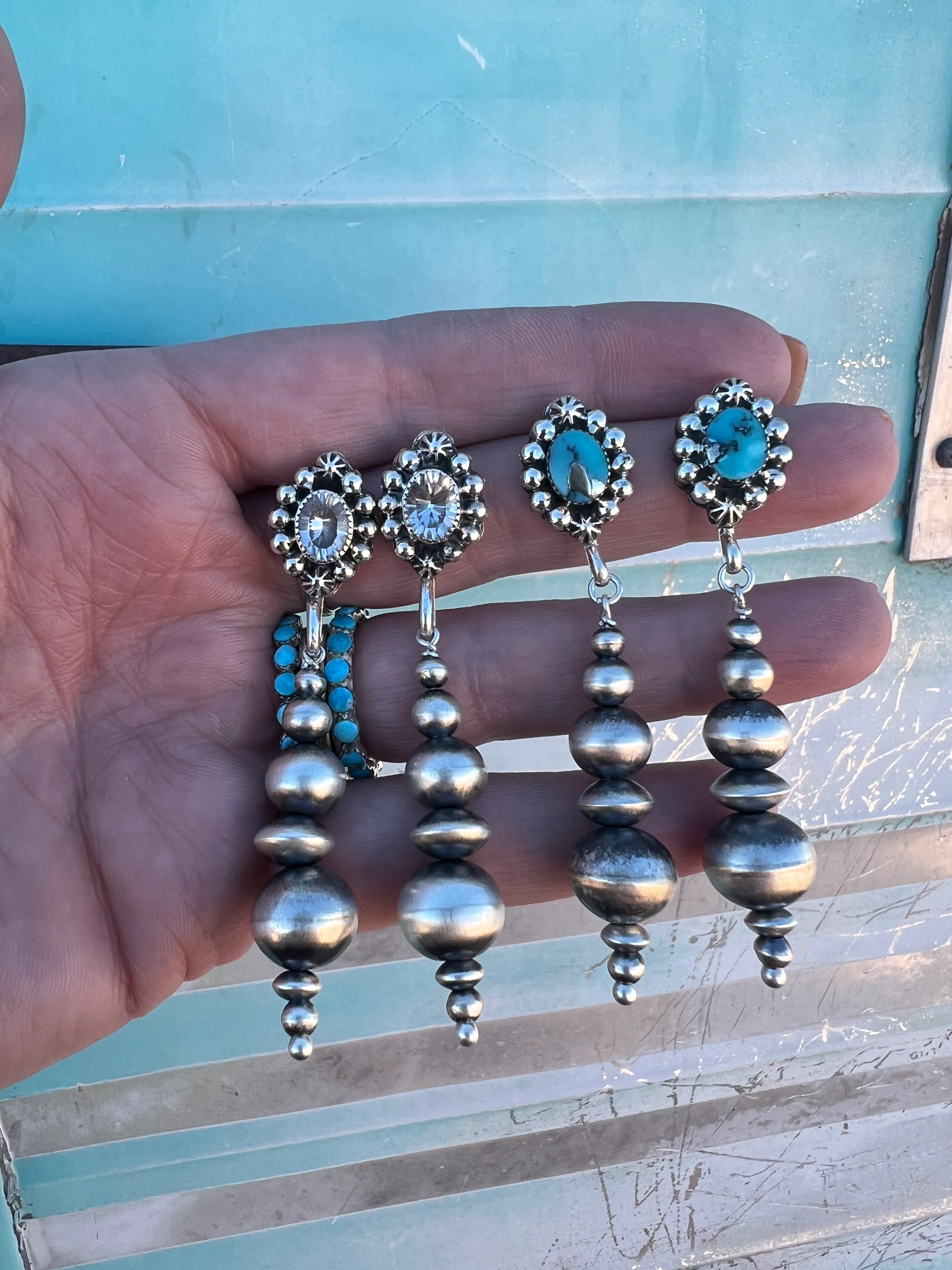 Handmade Navajo Pearl Drop Earrings w/ Turquoise - Image 12