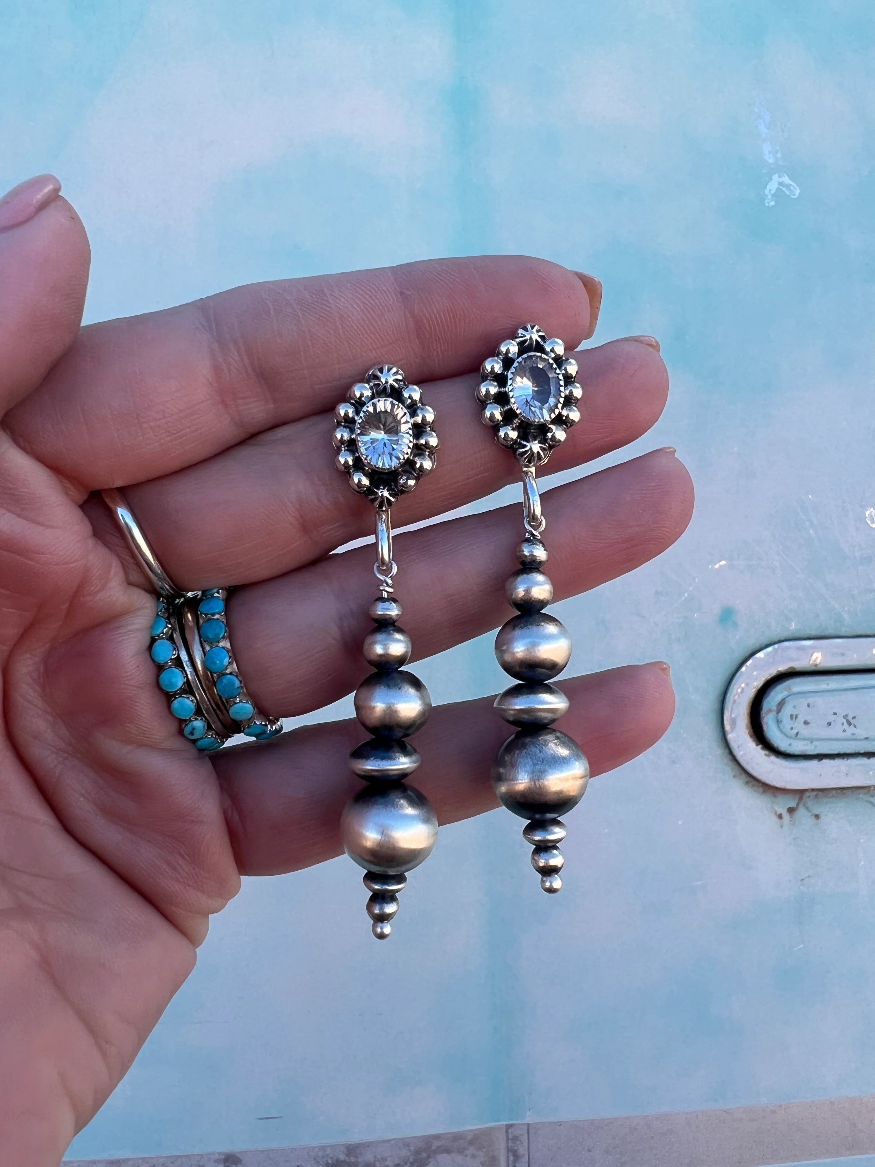 Handmade Navajo Pearl Drop Earrings w/ Turquoise - Image 13
