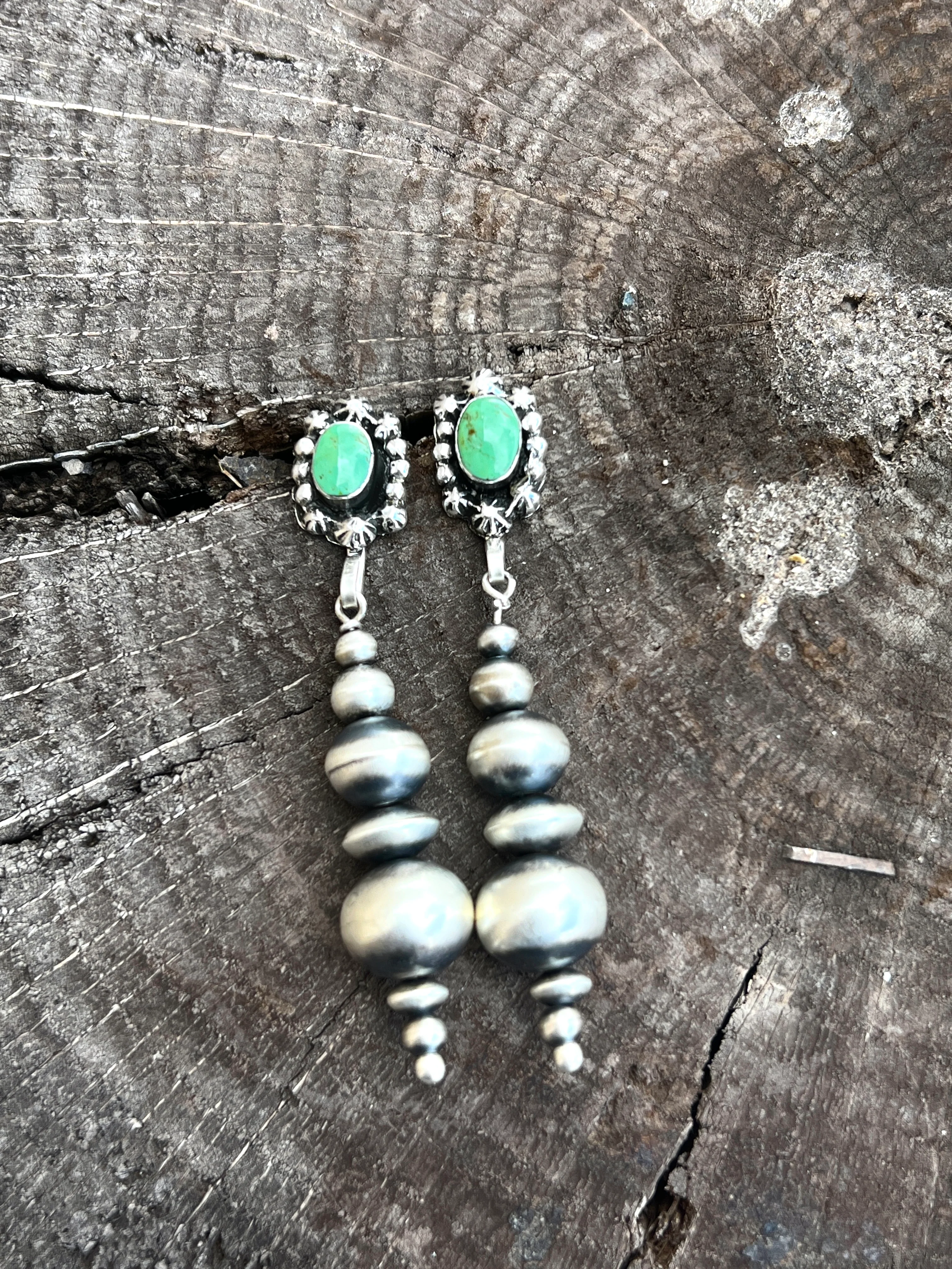 Handmade Navajo Pearl Drop Earrings w/ Turquoise - Image 3