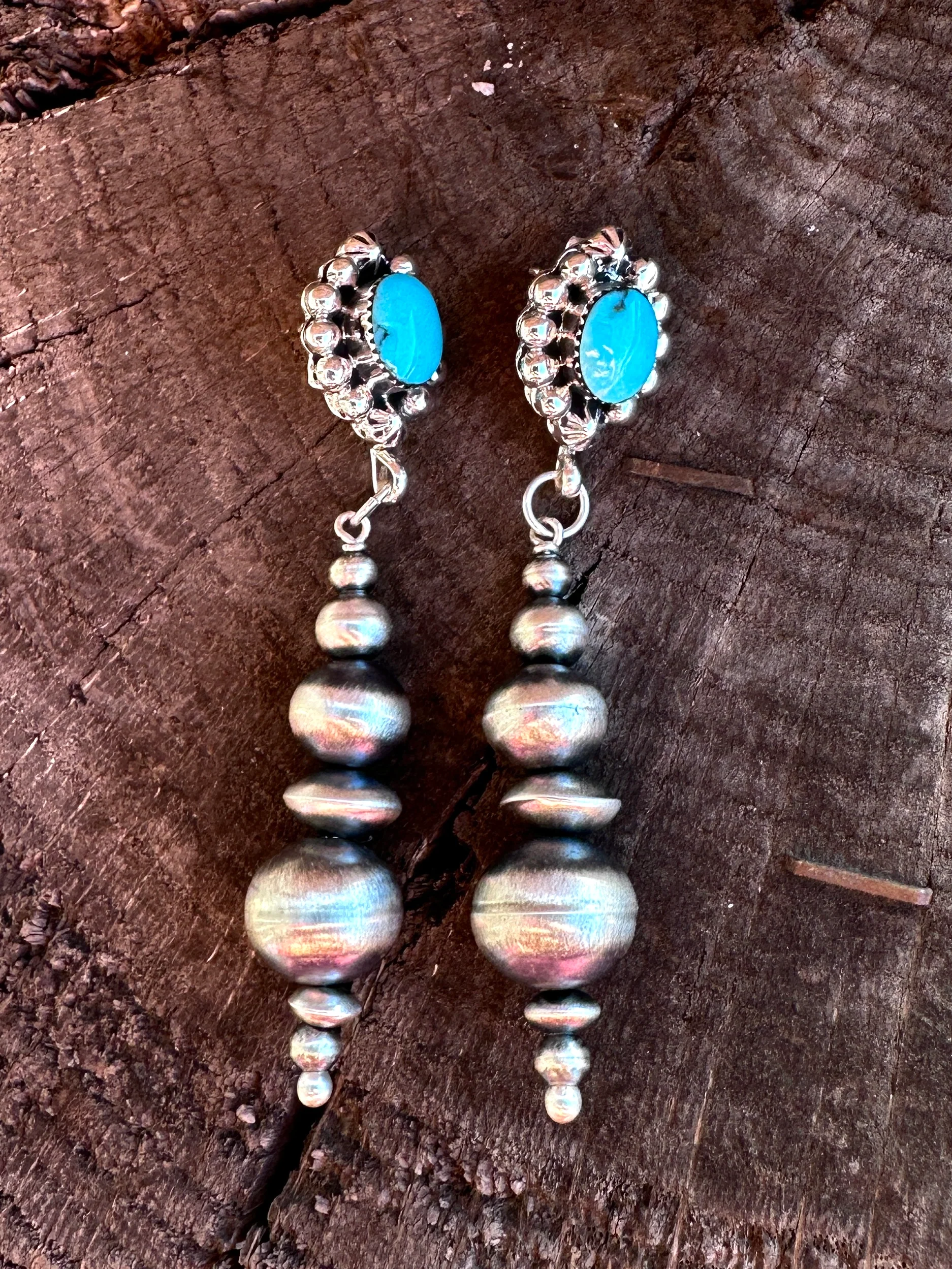 Handmade Navajo Pearl Drop Earrings w/ Turquoise - Image 6