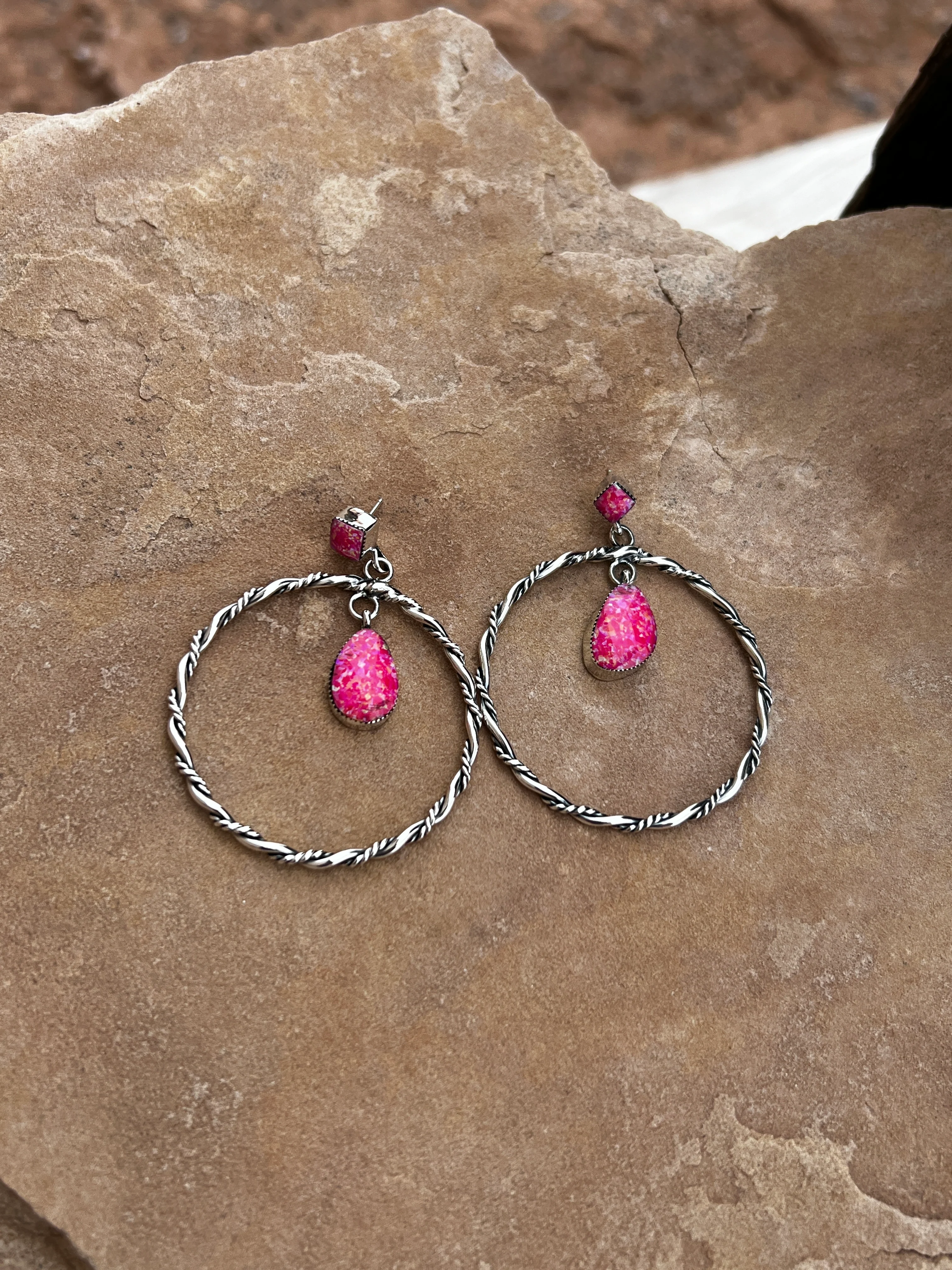 Hot Pink Cultured Opal Twist Hoops - Image 2