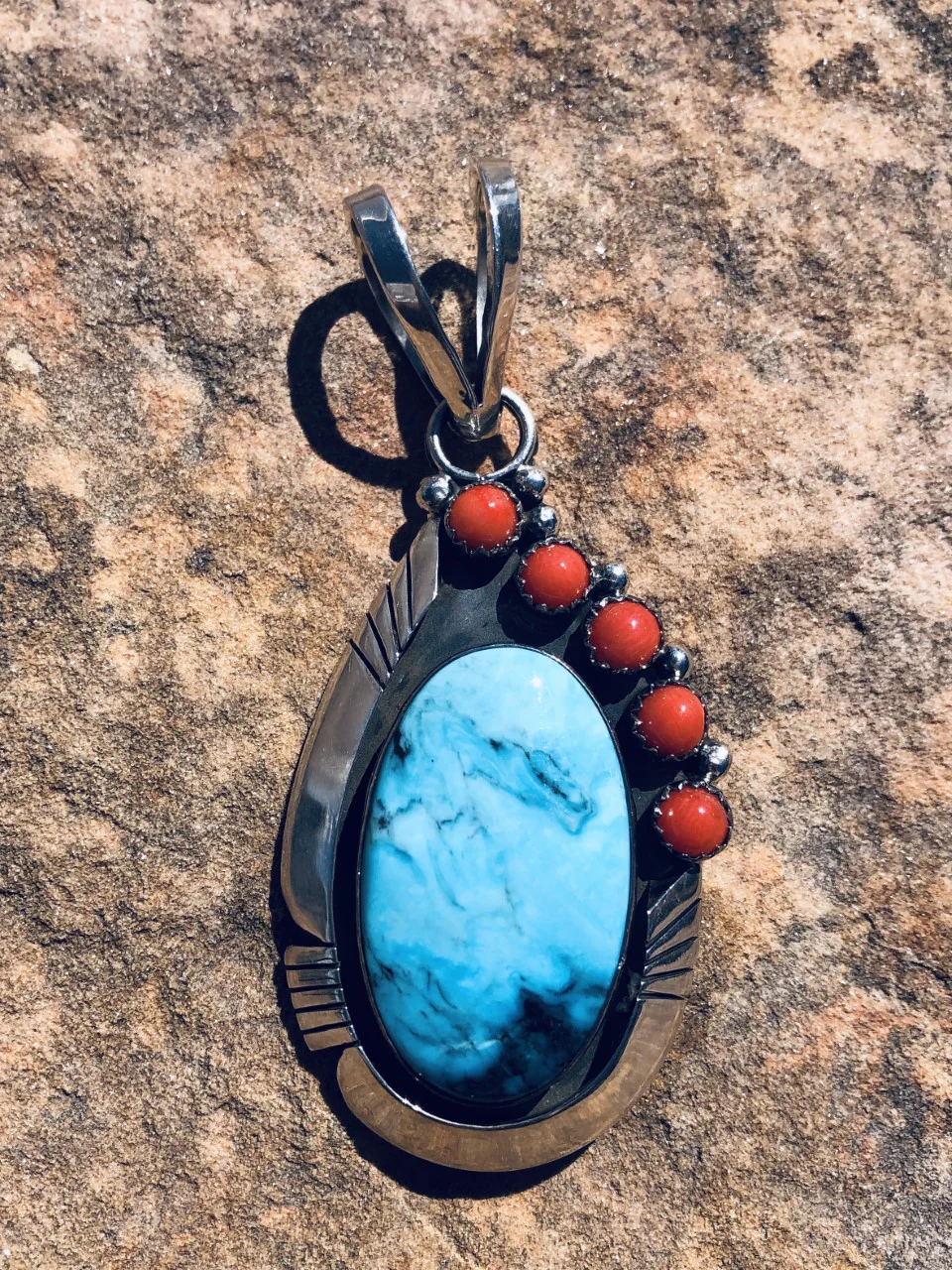 Kingman Turquoise and Coral Combination Pendant - Image 3