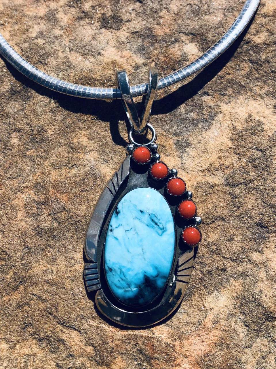 Kingman Turquoise and Coral Combination Pendant - Image 4