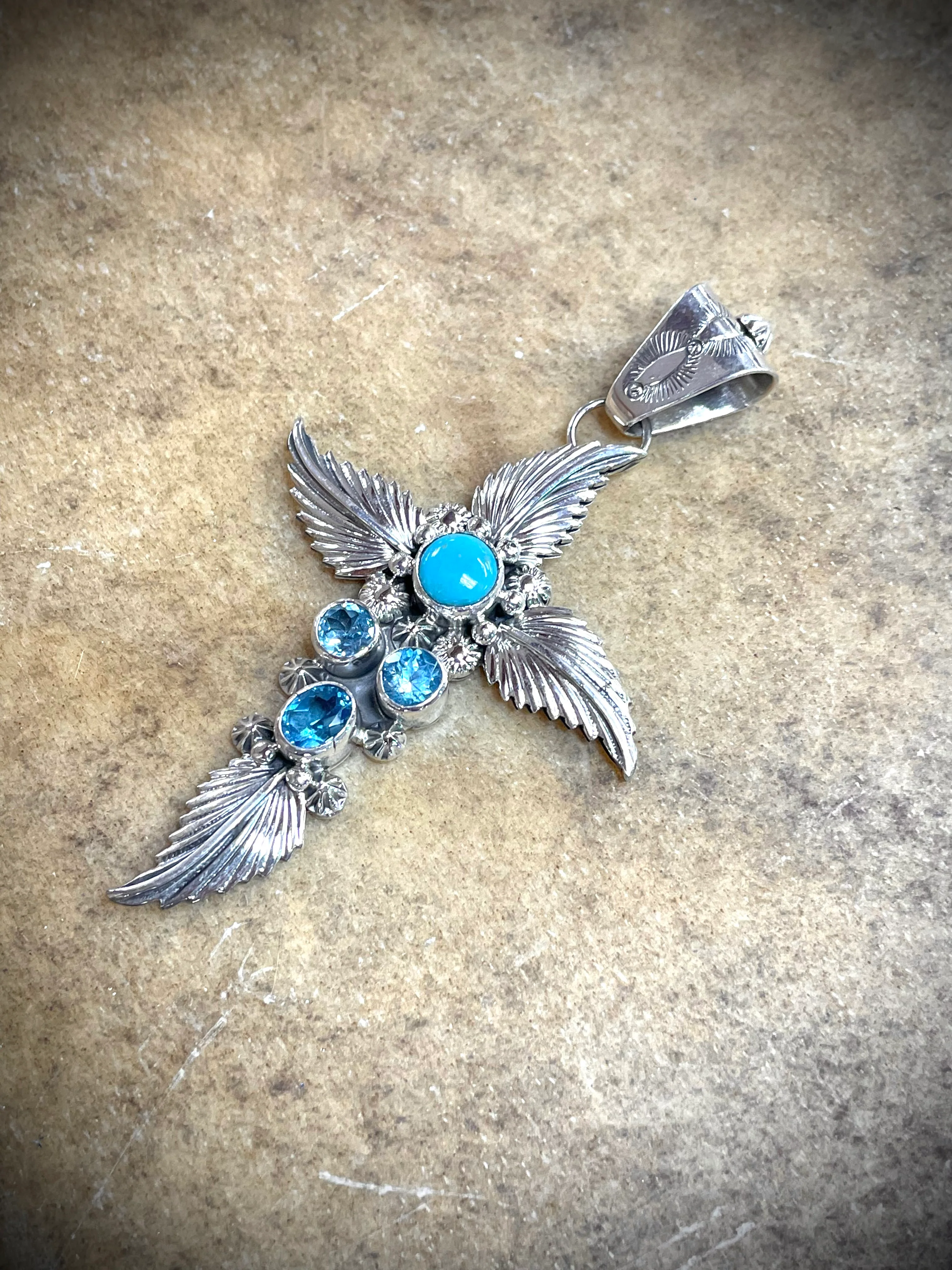 Leaf Cross Turquoise and Topaz Pendant - Image 3