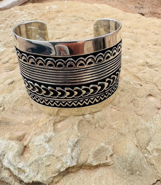 Men's Silver Geometric Wide Cuff