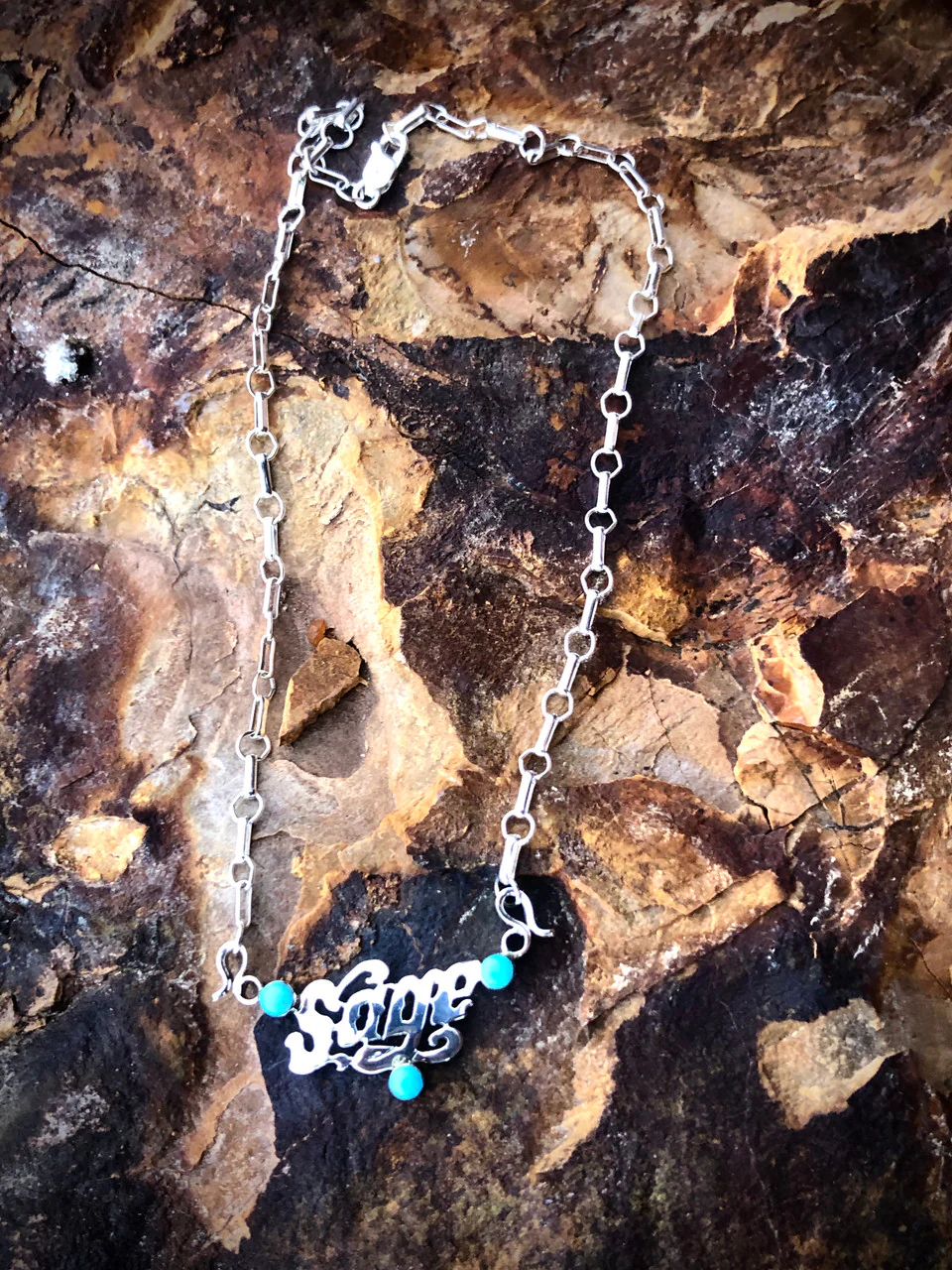 Navajo Hand Etched Name Kingman Turquoise Necklaces Artist Michael Yazzie - Image 3