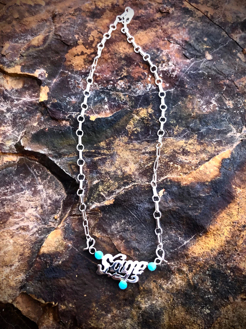 Navajo Hand Etched Name Kingman Turquoise Necklaces Artist Michael Yazzie - Image 4