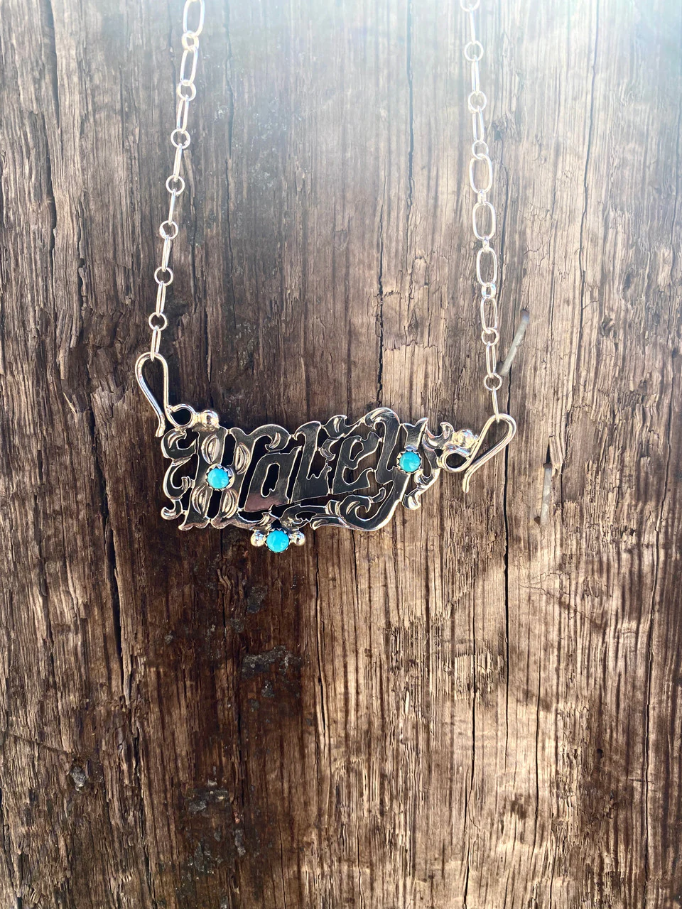 Navajo Hand Etched Name Kingman Turquoise Necklaces Artist Michael Yazzie - Image 6