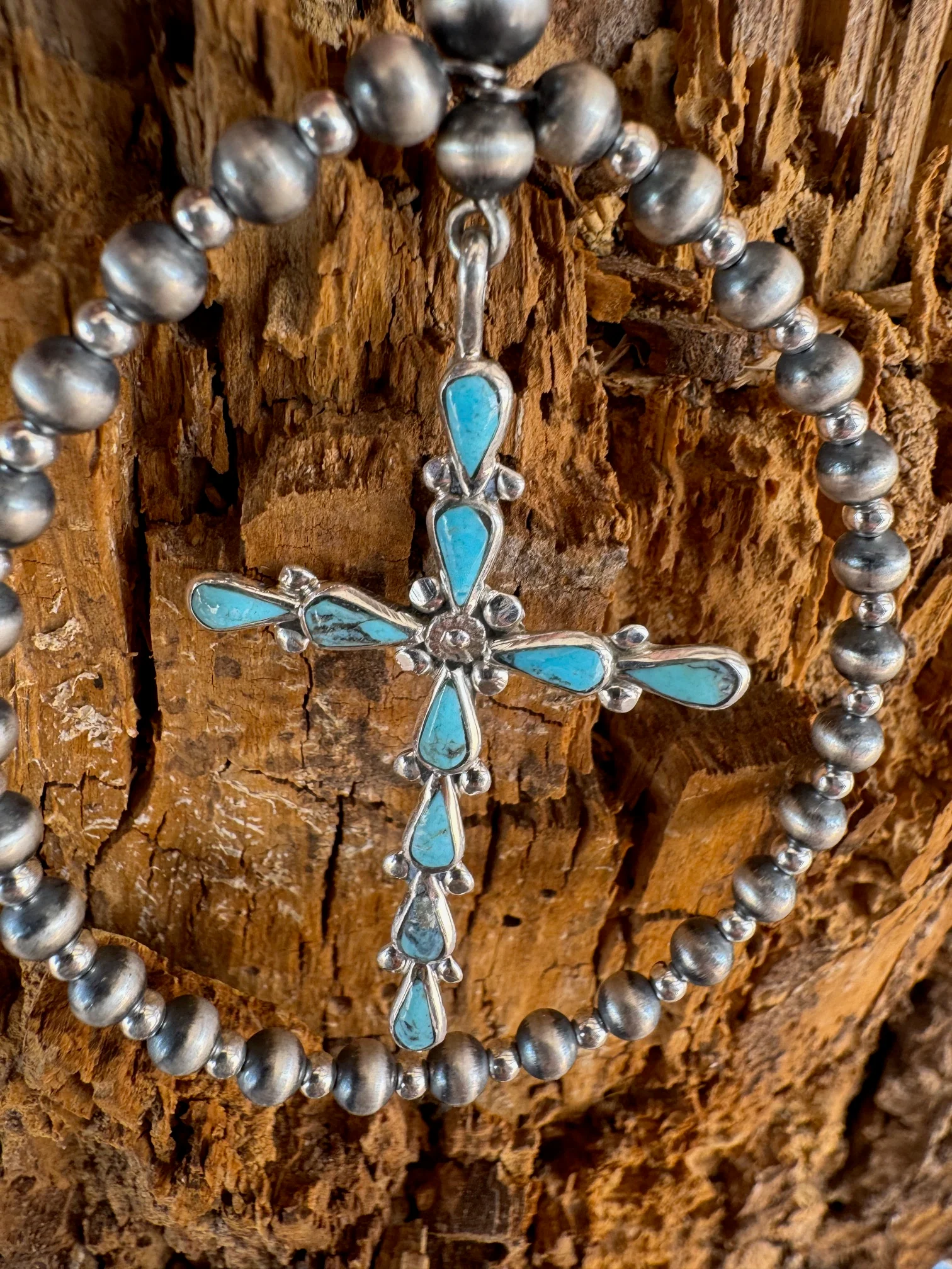 Navajo Pearl Hoop with Turquoise Cross - Image 2