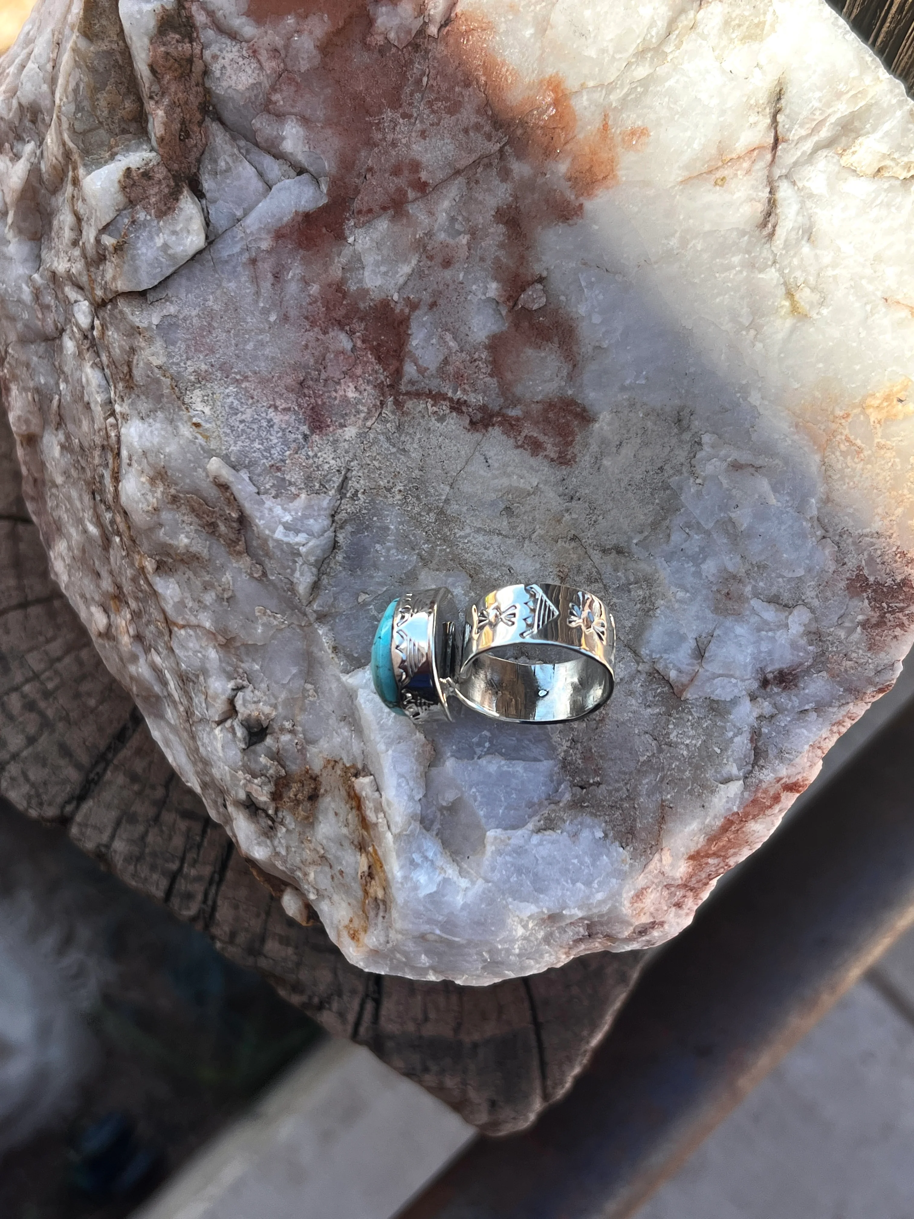 One of a kind stamped Men's ring sz 11 Nevada Turquoise Adjustable - Image 2