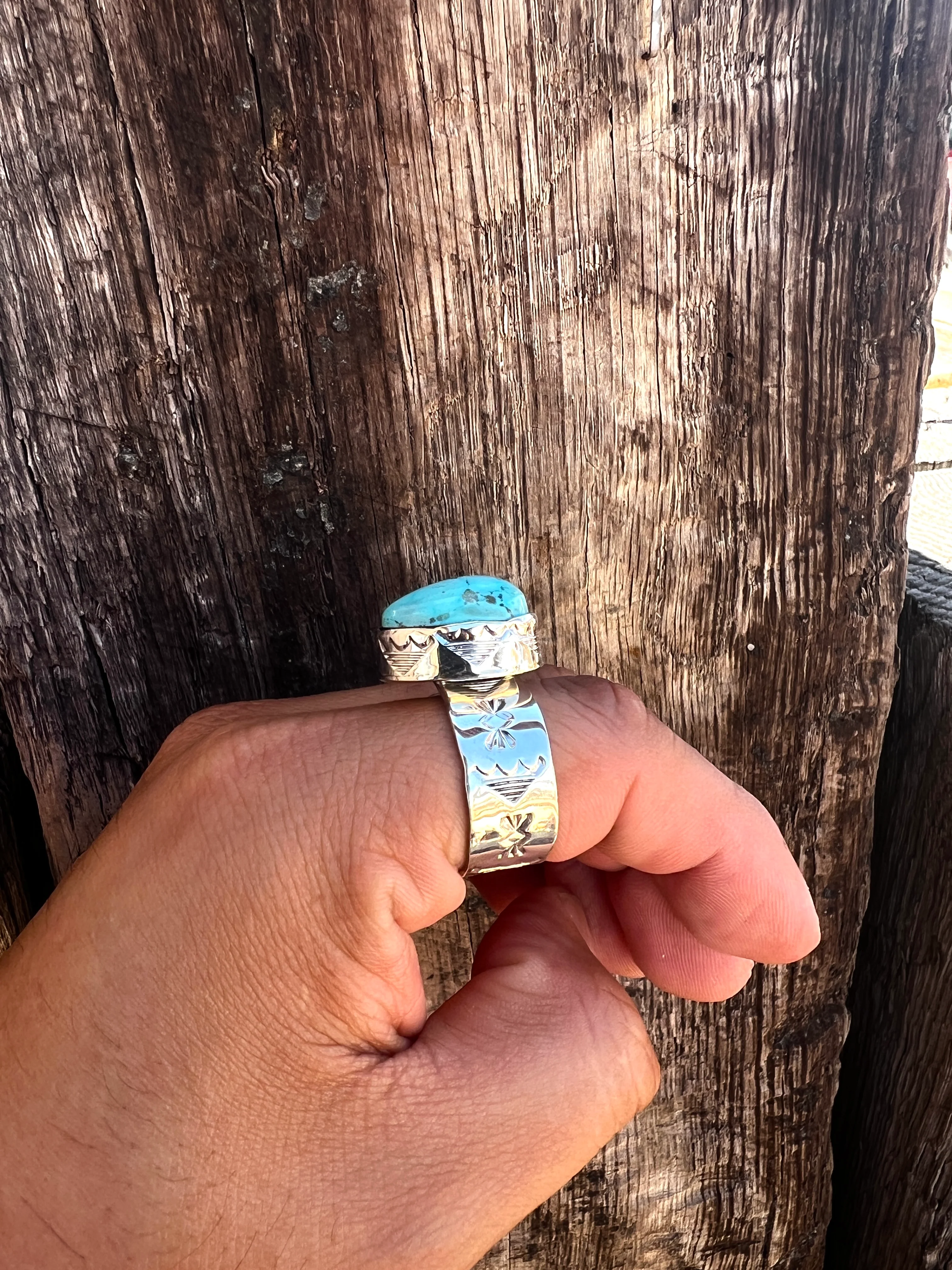 One of a kind stamped Men's ring sz 11 Nevada Turquoise Adjustable - Image 3