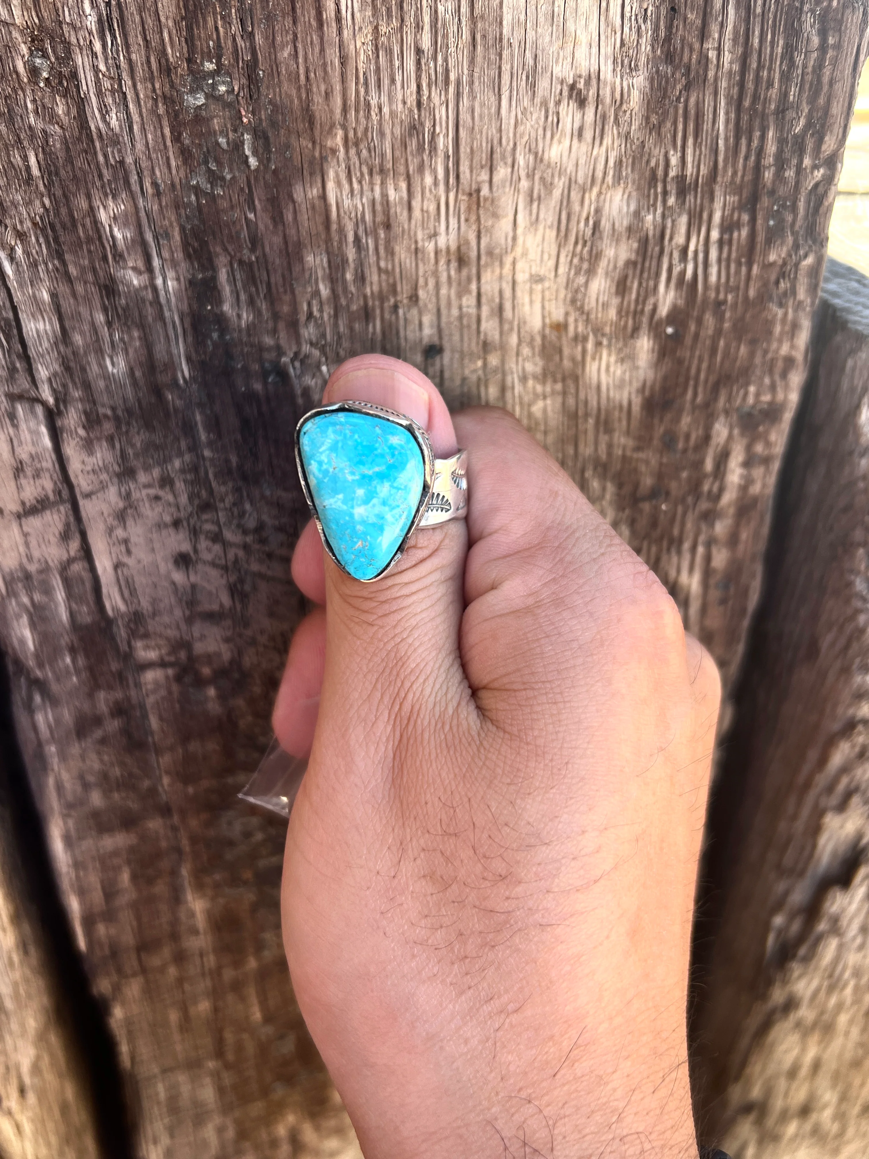 One of a kind Stamped Men's Ring sz 13 Nevada Turquoise Adjustable - Image 2