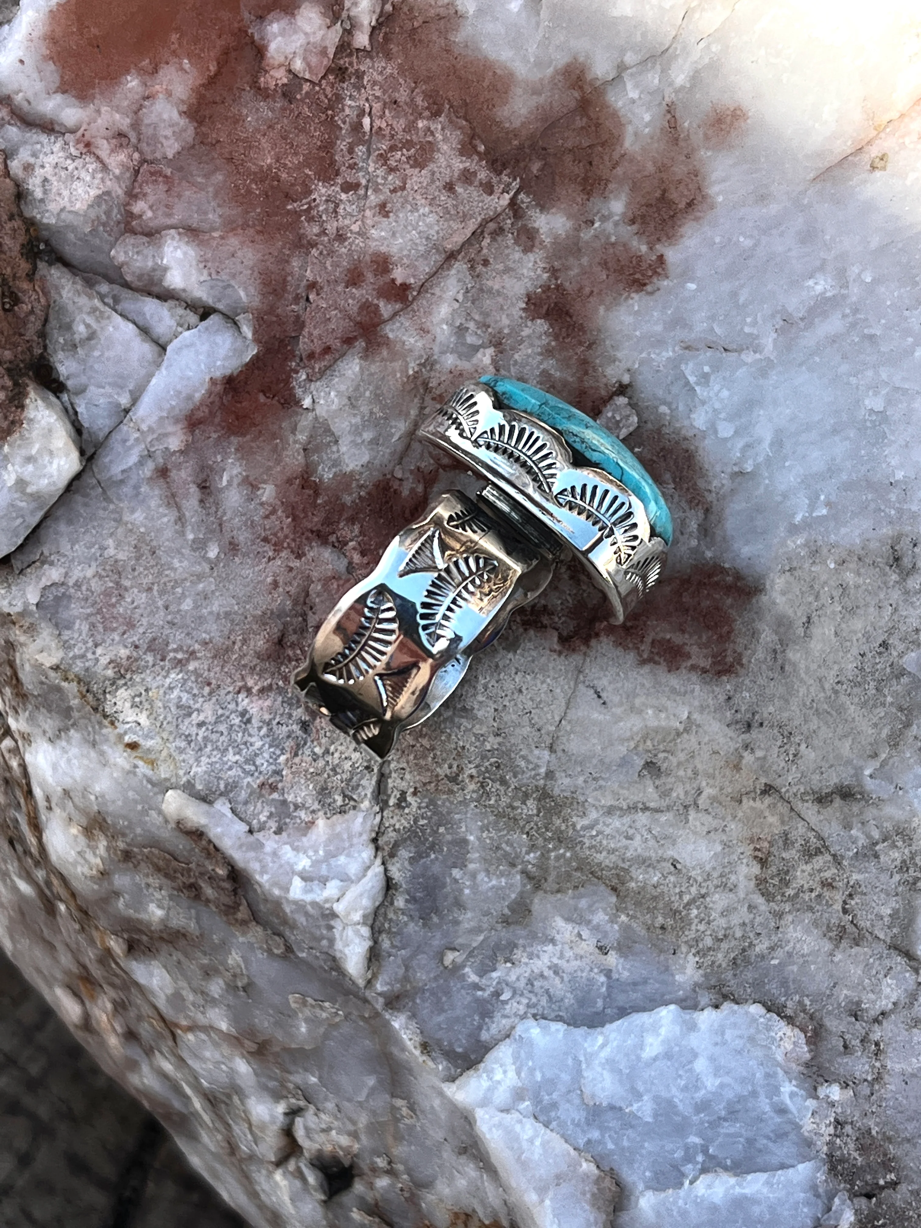 One of a kind Stamped Men's Ring sz 13 Nevada Turquoise Adjustable - Image 3