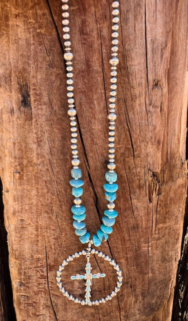 "Prairie Prayer" Navajo Pearl and Turquoise Necklace - Image 2