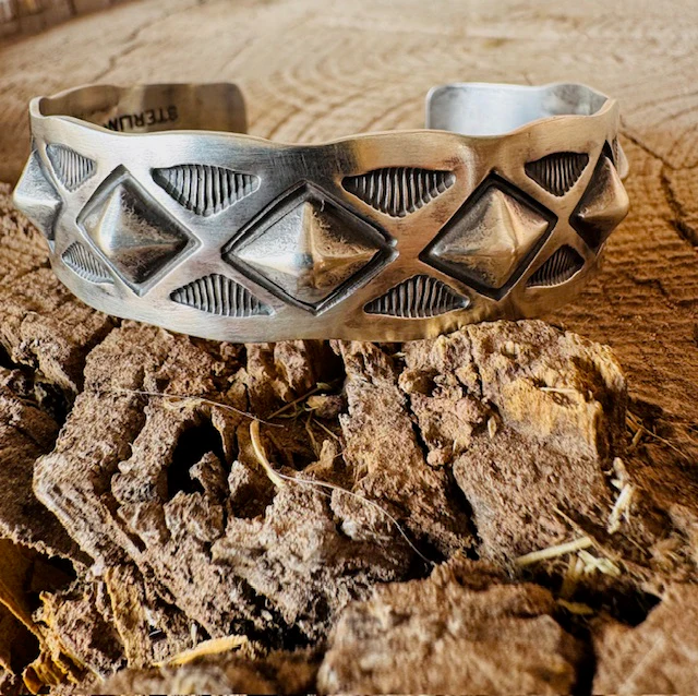 Silver Diamond Stamped Men's Cuff