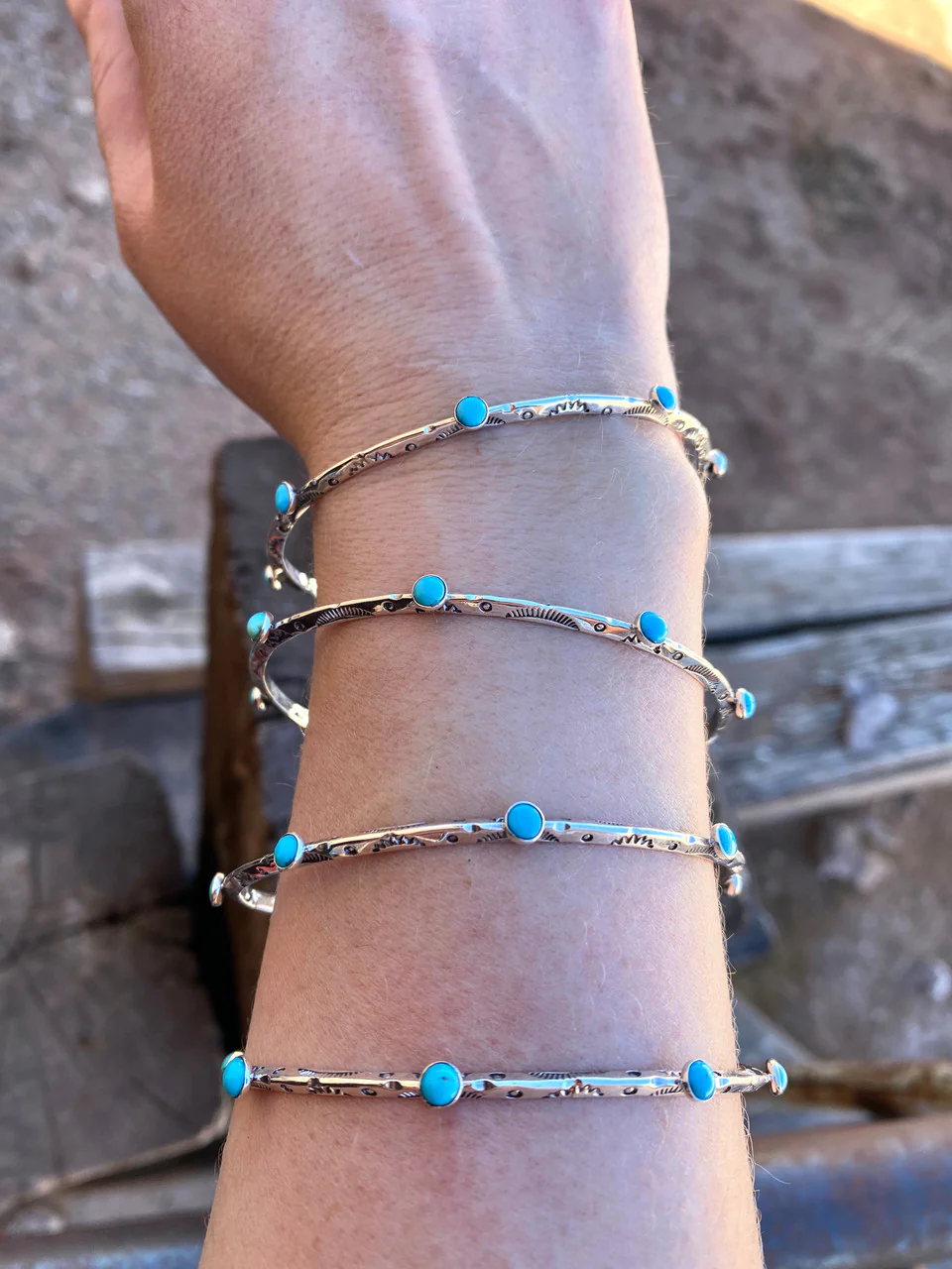 Sleeping Beauty Stack Em' Etched Bangles Navajo Artist Evelyn Bahe - Image 2