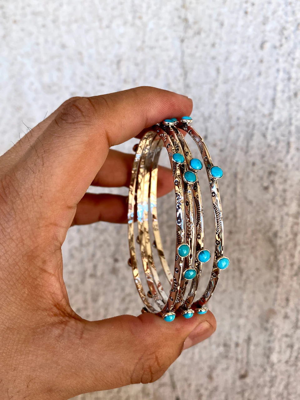 Sleeping Beauty Stack Em' Etched Bangles Navajo Artist Evelyn Bahe - Image 3