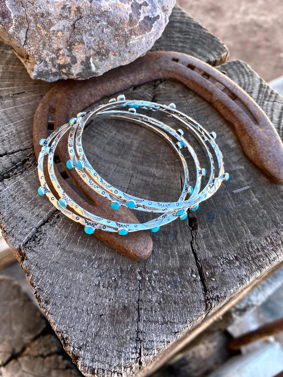Sleeping Beauty Stack Em' Etched Bangles Navajo Artist Evelyn Bahe - Image 5