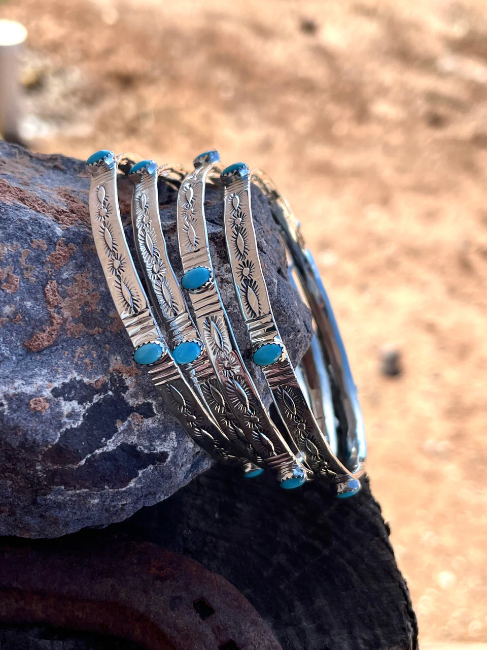 Stack Em' High Stamped Turquoise Bangles by Navajo Artist Mike Smith - Image 2