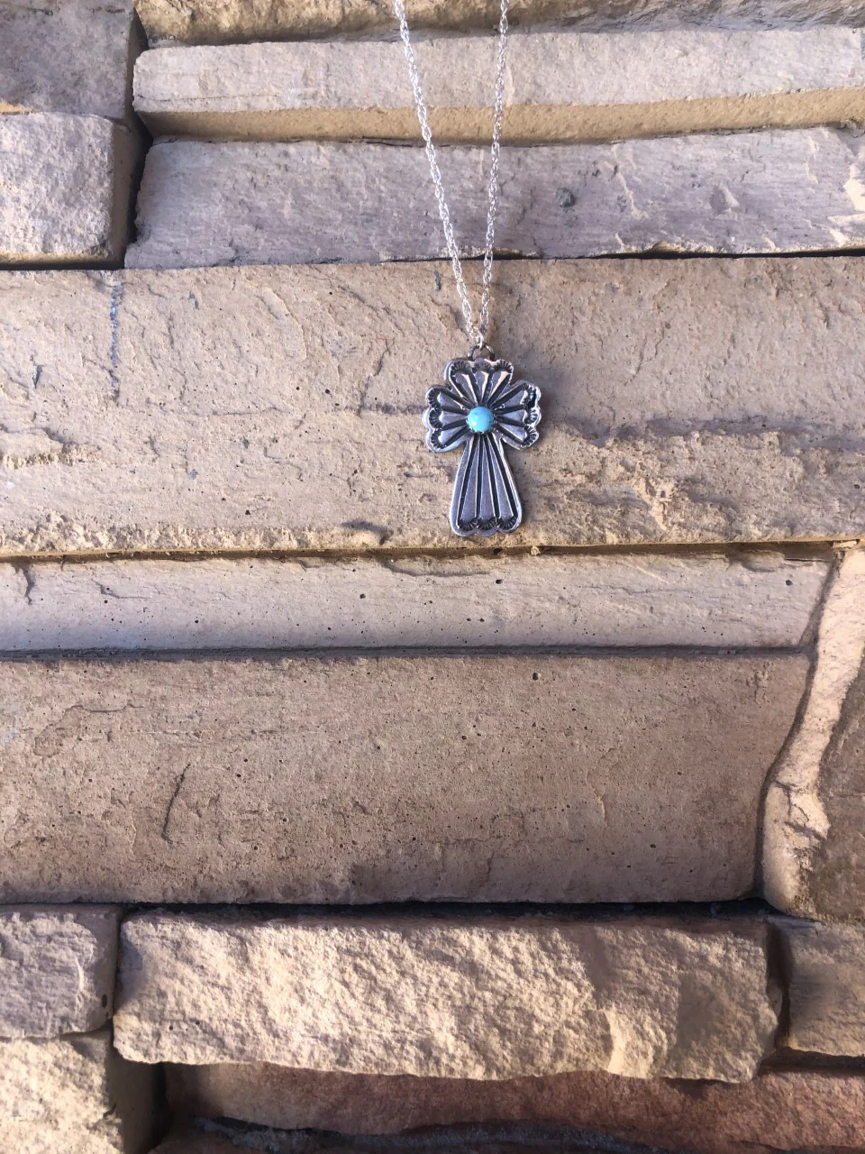 Stamped Cross Pendant with Sleeping Beauty Turquoise - Image 3