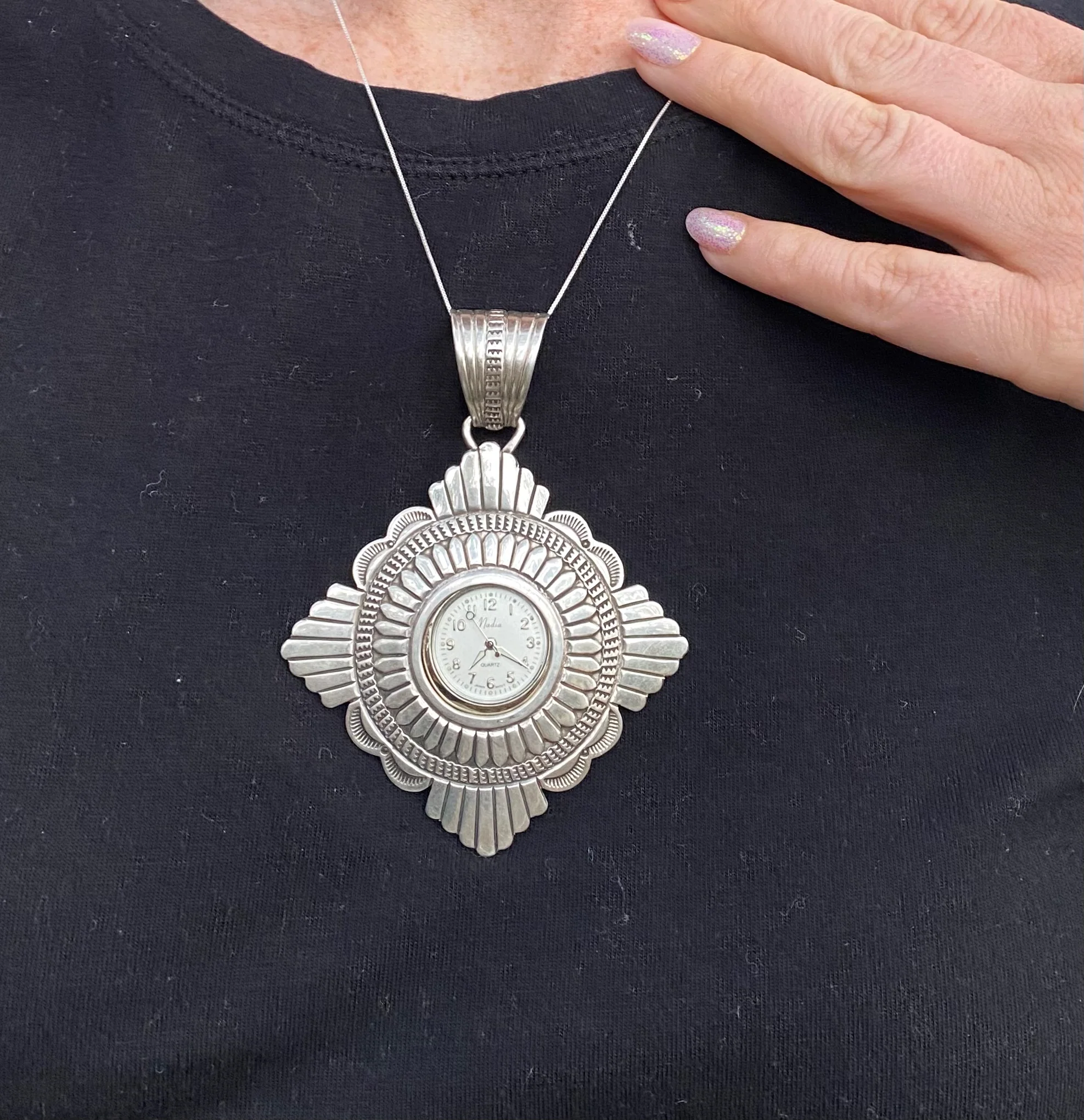 Sterling Silver Clock Pendant Necklace From The Rodgers Collection - Image 3