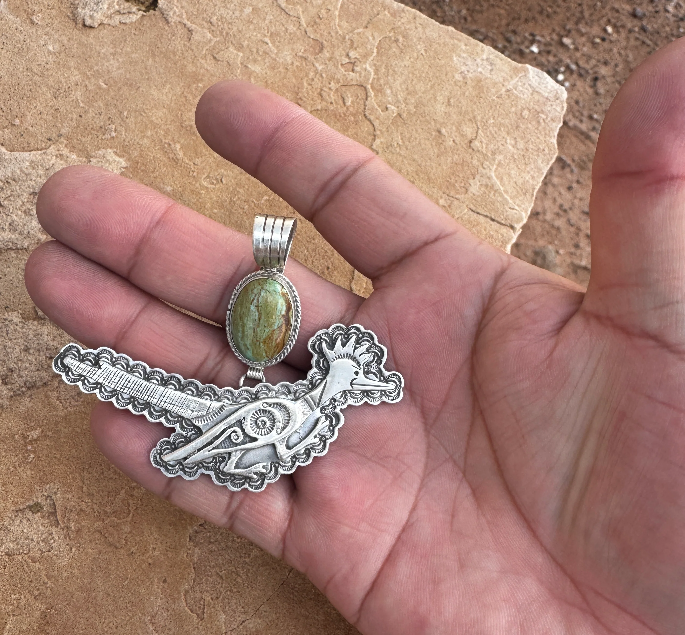 Sterling Silver Roadrunner Ceremonial Kingman Turquoise Pendant - Image 3