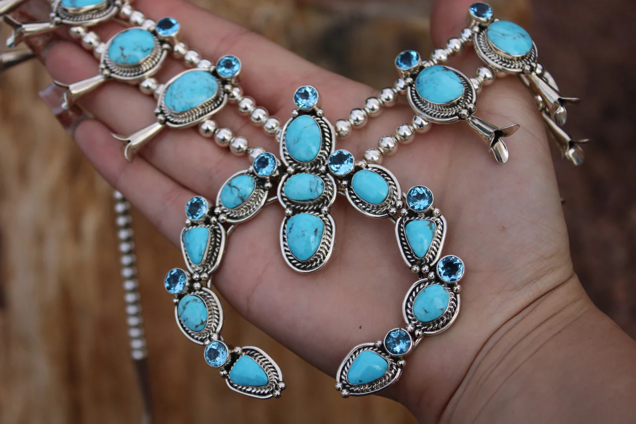 Sterling Silver Topaz and Kingman Turquoise Couture Squash Blossom - Image 3