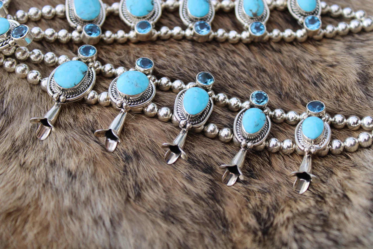 Sterling Silver Topaz and Kingman Turquoise Couture Squash Blossom - Image 4
